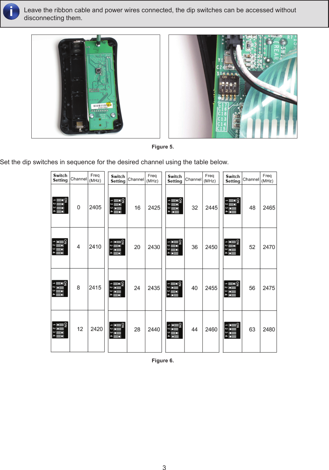 3Leave the ribbon cable and power wires connected, the dip switches can be accessed without disconnecting them.       Figure 5. Set the dip switches in sequence for the desired channel using the table below.Figure 6. 