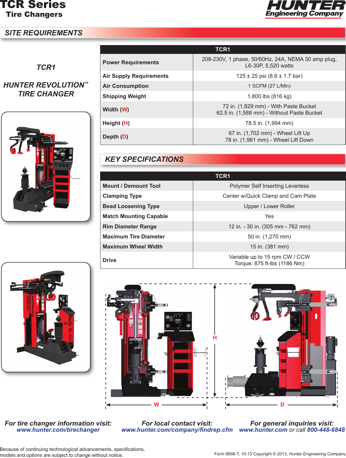 Page 1 of 1 - Hunter-Engineering Hunter-Engineering-6698-T-Specification-Sheet- TCR Series Tire Changers Spec Sheet, Form 6698-T  Hunter-engineering-6698-t-specification-sheet