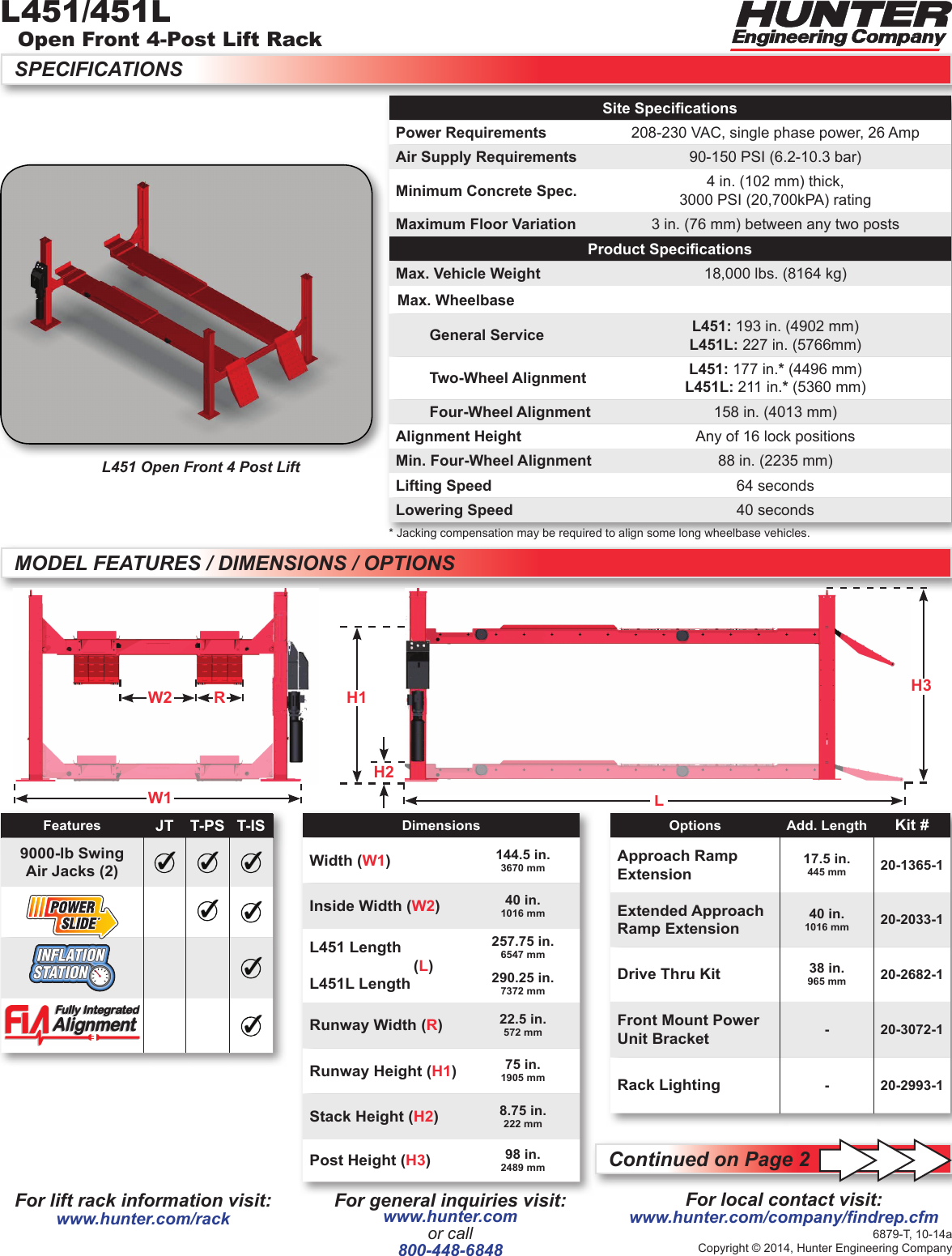 Page 1 of 2 - Hunter-Engineering Hunter-Engineering-6879-T-Specification-Sheet- L451/451L Open Front 4-Post Lift Rack Spec Sheet  Hunter-engineering-6879-t-specification-sheet