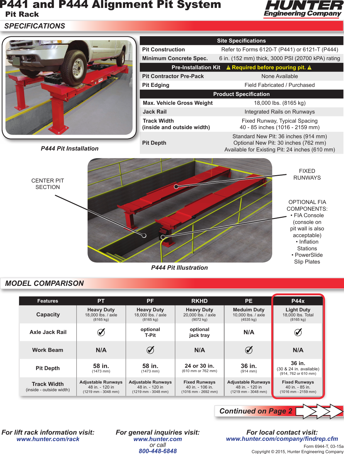 Page 1 of 2 - Hunter-Engineering Hunter-Engineering--Pe-Specification-Sheet- P441 And P444 Heavy-Duty Alignment Pit Spec Sheet (Site Requirements), Form 6944-T  Hunter-engineering--pe-specification-sheet