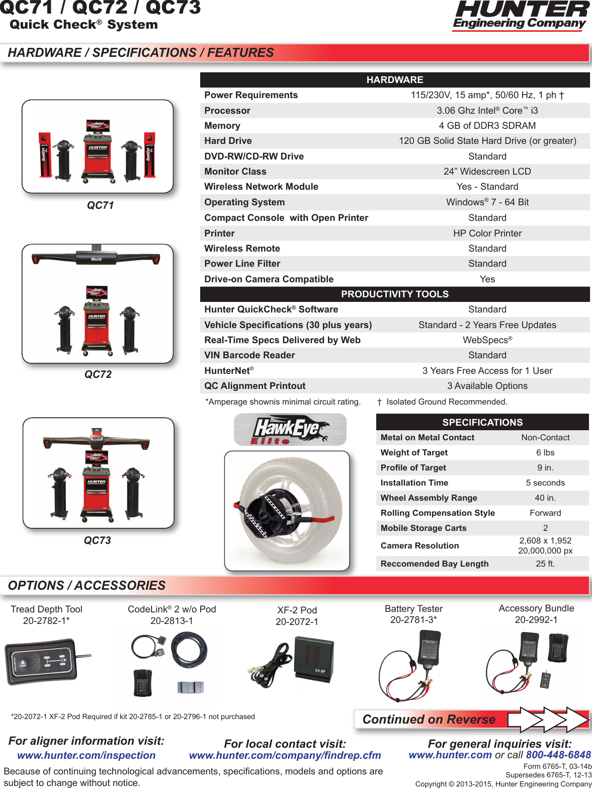 Page 1 of 2 - Hunter-Engineering Hunter-Engineering-Quick-Check-System-Specification-Sheet- QC71/QC72/QC73 Spec Sheet  Hunter-engineering-quick-check-system-specification-sheet