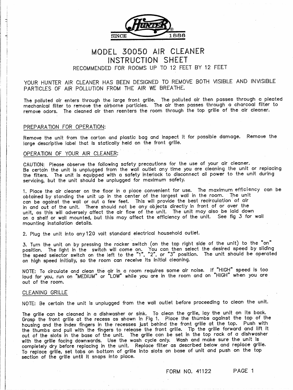 Hunter Fan 30050 Owner S Manual