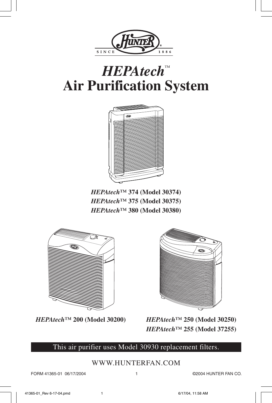Page 1 of 8 - Hunter-Fan Hunter-Fan-30200-Owner-S-Manual 41365-01_Rev 6-17-04.pmd