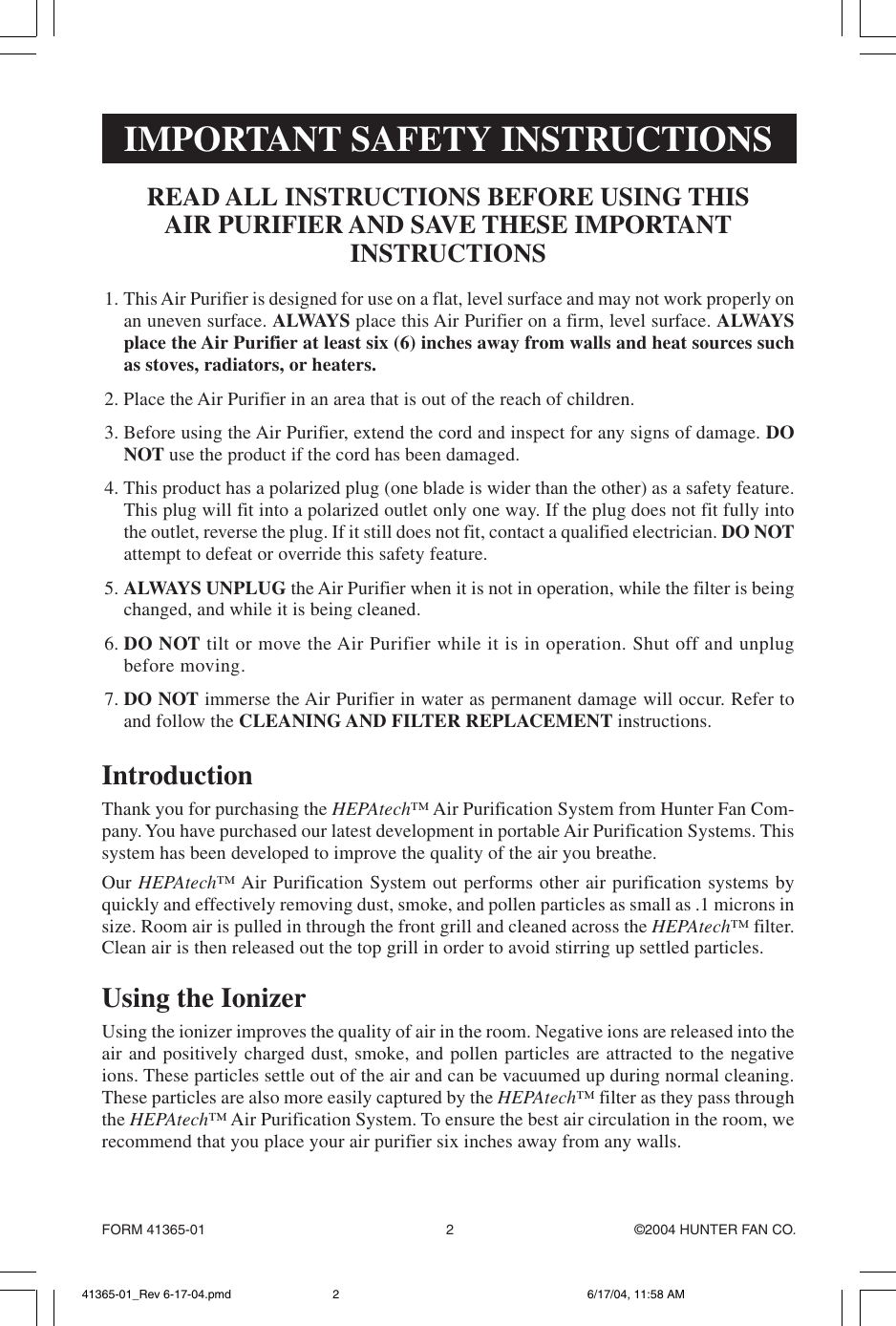 Page 2 of 8 - Hunter-Fan Hunter-Fan-30200-Owner-S-Manual 41365-01_Rev 6-17-04.pmd