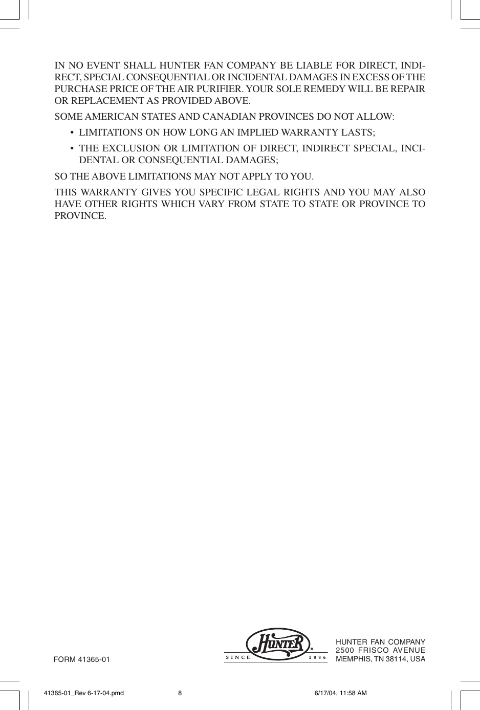 Page 8 of 8 - Hunter-Fan Hunter-Fan-30200-Owner-S-Manual 41365-01_Rev 6-17-04.pmd