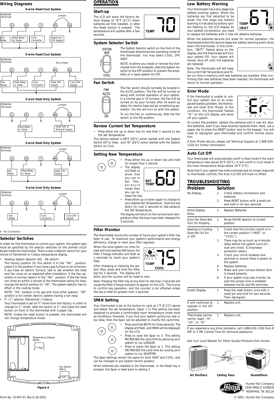 Hunter Fan 42999B Owner S Manual 41497 01.p65