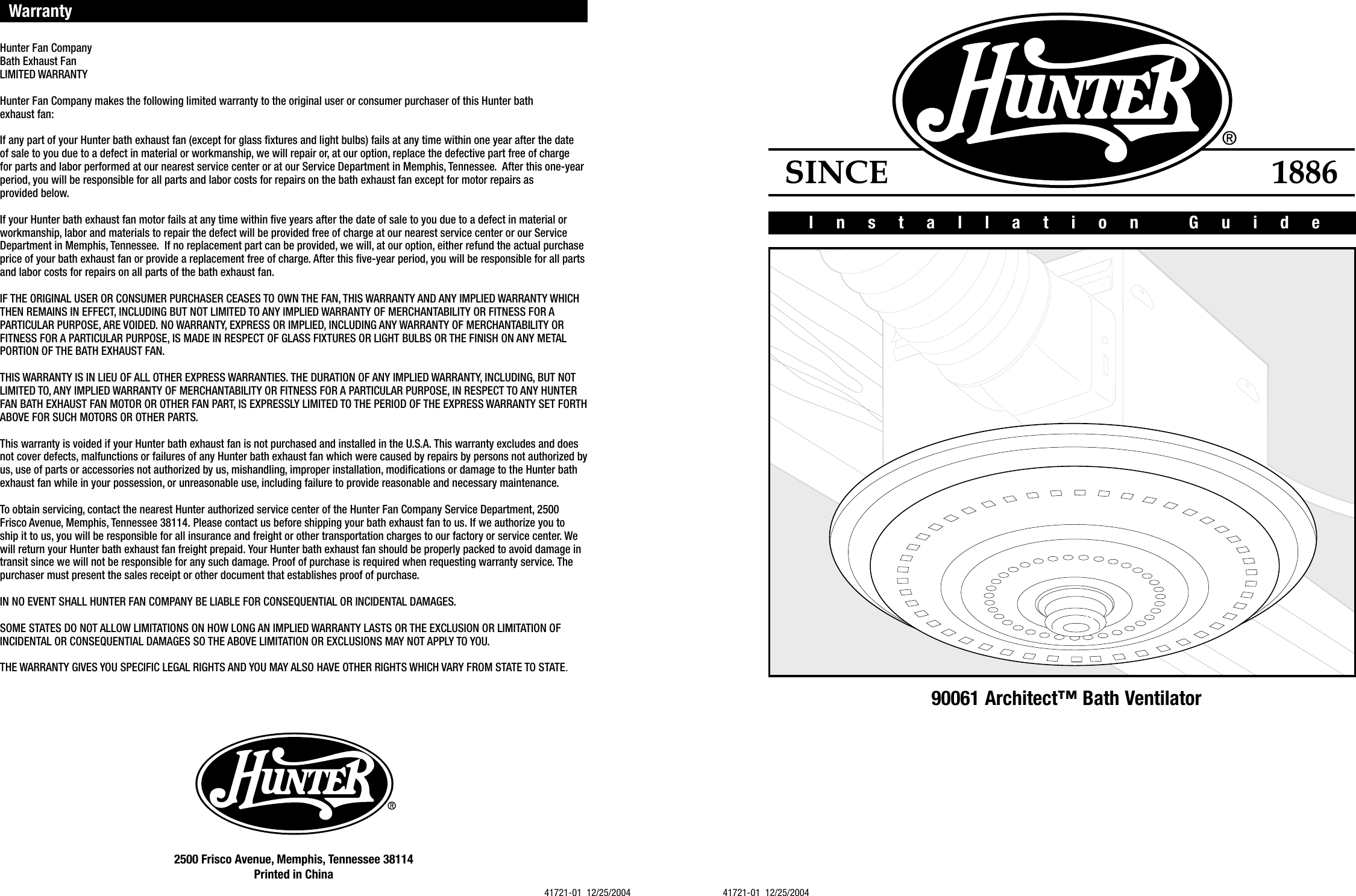 Page 1 of 10 - Hunter-Fan Hunter-Fan-Architect-90061-Users-Manual- HF006-61_11-03-04  Hunter-fan-architect-90061-users-manual