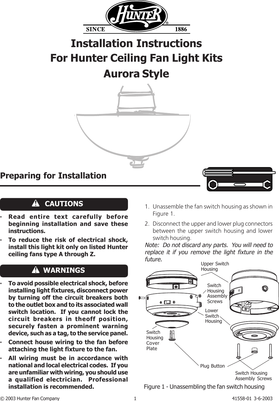 Hunter Fan Ceiling Light Kits Users Manual 41558 01