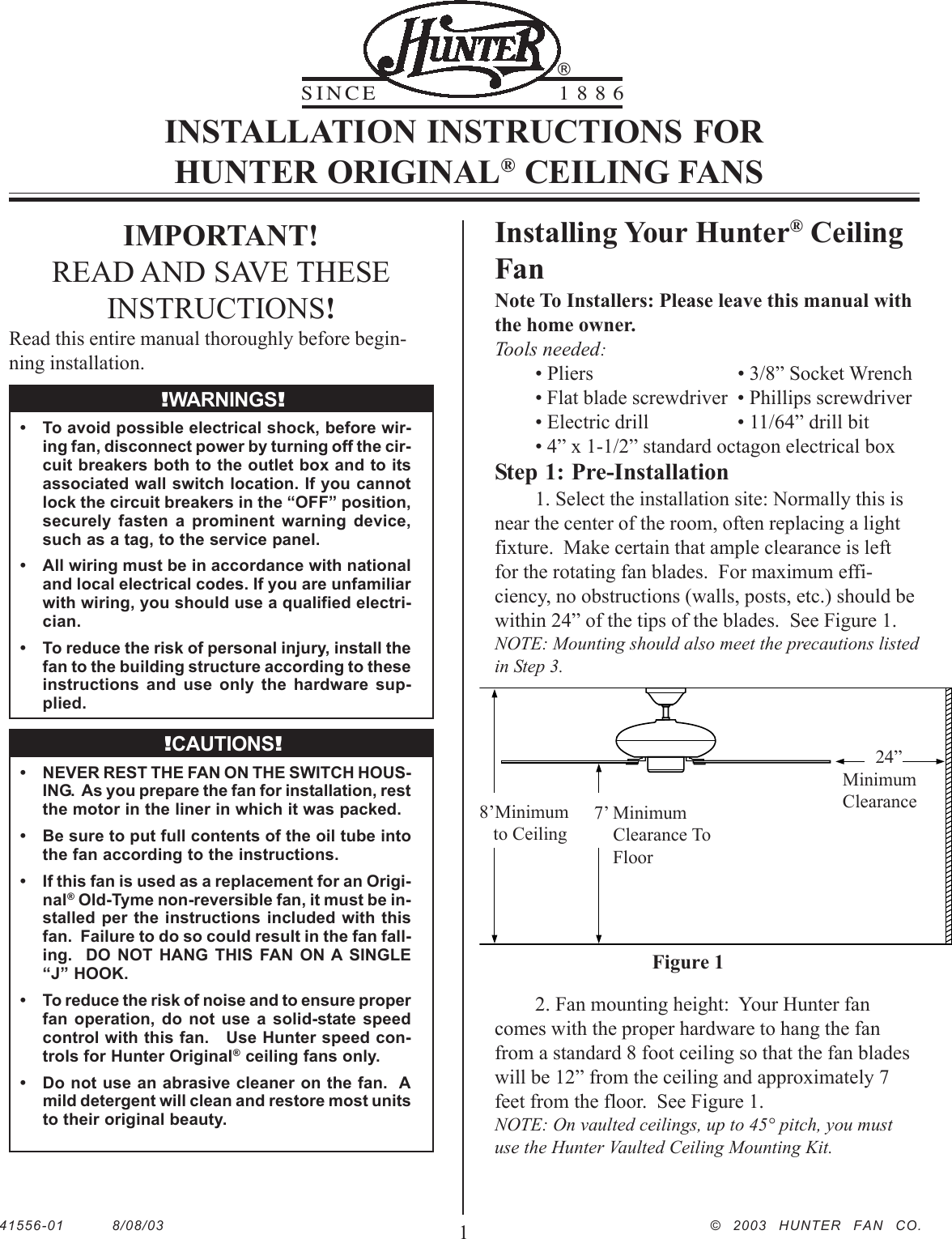 Hunter Fan Ceiling 22360 Users Manual 41556 01rev8 8 03