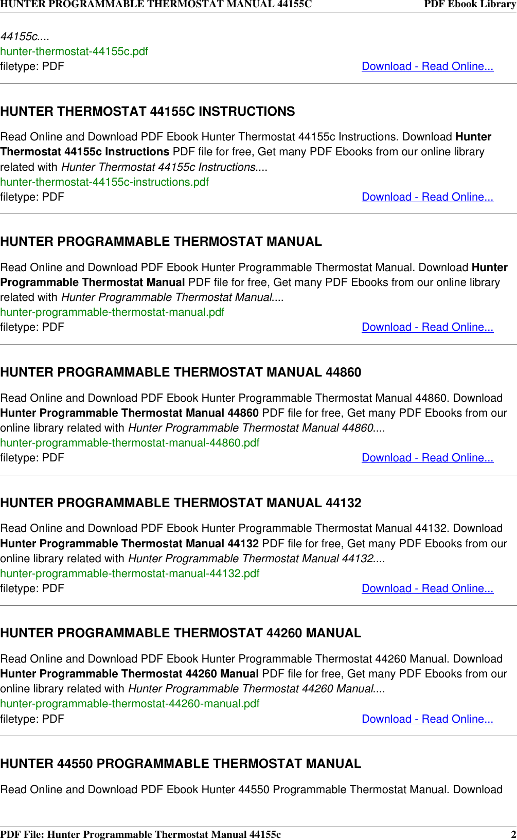 Page 2 of 4 - Hunter-Fan Hunter-Fan-Thermostat-44155C-Users-Manual- HUNTER PROGRAMMABLE THERMOSTAT MANUAL 44155C  Hunter-fan-thermostat-44155c-users-manual