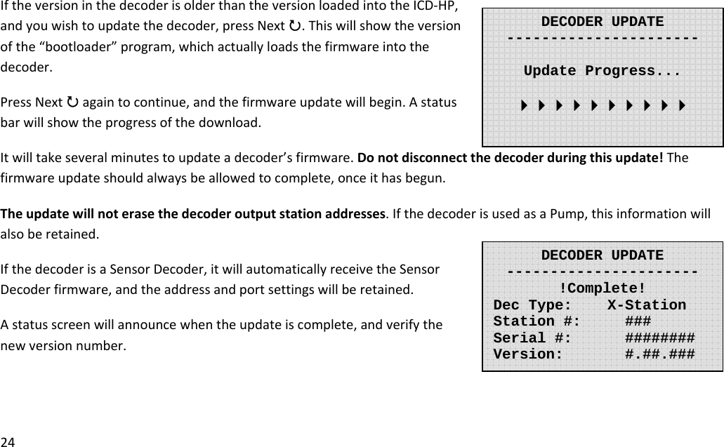 24IftheversioninthedecoderisolderthantheversionloadedintotheICD‐HP,andyouwishtoupdatethedecoder,pressNext3.Thiswillshowtheversionofthe“bootloader”program,whichactuallyloadsthefirmwareintothedecoder.PressNext3againtocontinue,andthefirmwareupdatewillbegin.Astatusbarwillshowtheprogressofthedownload.Itwilltakeseveralminutestoupdateadecoder’sfirmware.Donotdisconnectthedecoderduringthisupdate!Thefirmwareupdateshouldalwaysbeallowedtocomplete,onceithasbegun.Theupdatewillnoterasethedecoderoutputstationaddresses.IfthedecoderisusedasaPump,thisinformationwillalsoberetained.IfthedecoderisaSensorDecoder,itwillautomaticallyreceivetheSensorDecoderfirmware,andtheaddressandportsettingswillberetained.Astatusscreenwillannouncewhentheupdateiscomplete,andverifythenewversionnumber.DECODER UPDATE----------------------  Update Progress...    DECODER UPDATE---------------------- !Complete! Dec Type:    X-Station Station #:   ### Serial #:   ######## Version:   #.##.### 