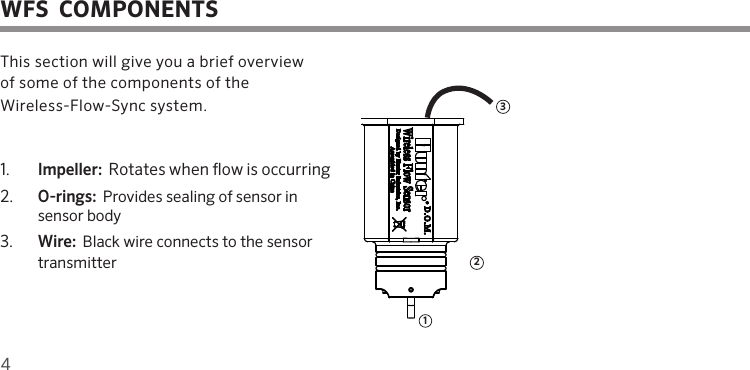 4This section will give you a brief overview  of some of the components of the Wireless-Flow-Sync system. 1.  Impeller:  Rotates when ow is occurring2.  O-rings:  Provides sealing of sensor in  sensor body3.  Wire:  Black wire connects to the sensor transmitterWFS  COMPONENTS 2 3 1