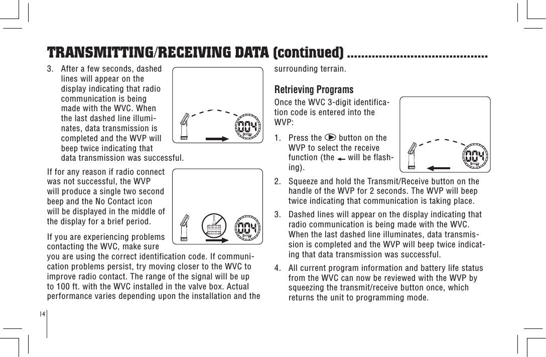 143.   After a few seconds, dashed lines will appear on the display indicating that radio communication is being made with the WVC. When the last dashed line illumi-nates, data transmission is completed and the WVP will beep twice indicating that data transmission was successful.If for any reason if radio connect was not successful, the WVP will produce a single two second beep and the No Contact icon will be displayed in the middle of the display for a brief period.If you are experiencing problems contacting the WVC, make sure you are using the correct identification code. If communi-cation problems persist, try moving closer to the WVC to improve radio contact. The range of the signal will be up to 100 ft. with the WVC installed in the valve box. Actual performance varies depending upon the installation and the surrounding terrain.Retrieving Programs Once the WVC 3-digit identifica-tion code is entered into the WVP: 1.   Press the   button on the WVP to select the receive function (the   will be flash-ing).2.   Squeeze and hold the Transmit/Receive button on the handle of the WVP for 2 seconds. The WVP will beep twice indicating that communication is taking place.3.   Dashed lines will appear on the display indicating that radio communication is being made with the WVC. When the last dashed line illuminates, data transmis-sion is completed and the WVP will beep twice indicat-ing that data transmission was successful.4.   All current program information and battery life status from the WVC can now be reviewed with the WVP by squeezing the transmit/receive button once, which returns the unit to programming mode.TRANSMITTING/RECEIVING DATA (continued) ........................................