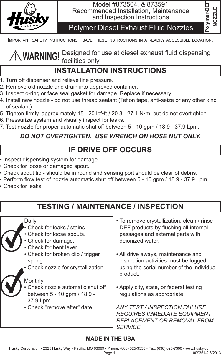 Page 1 of 4 - Husky Husky-Def-Polymer-Nozzle-Owner-S-Manual