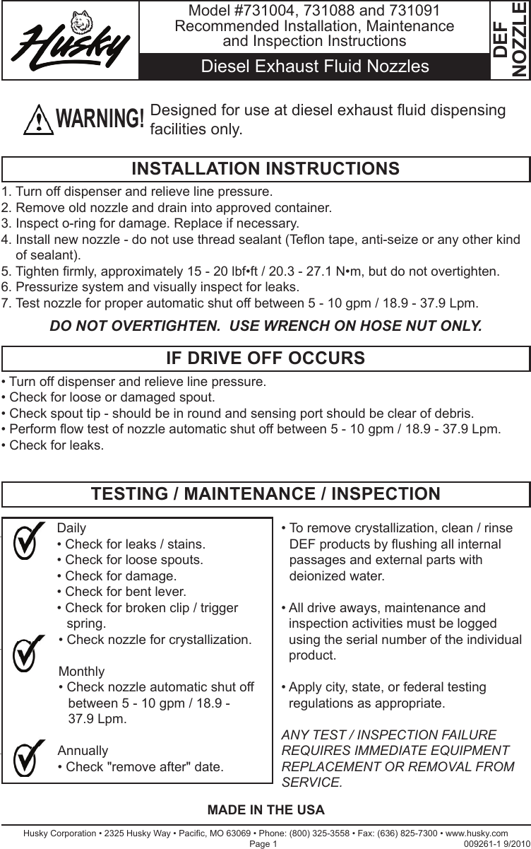 Page 1 of 4 - Husky Husky-Def-Stainless-Steel-Nozzle-Owner-S-Manual