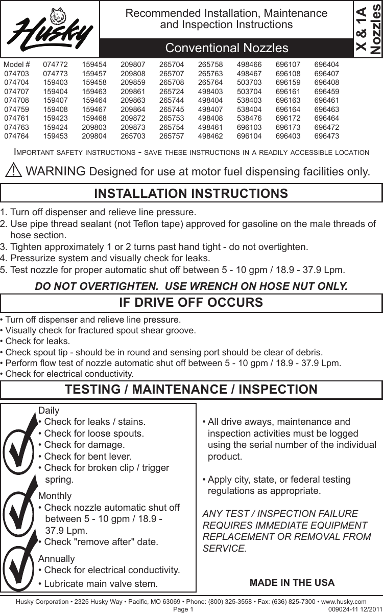 Husky Nozzle Popd Guards Owner S Manual