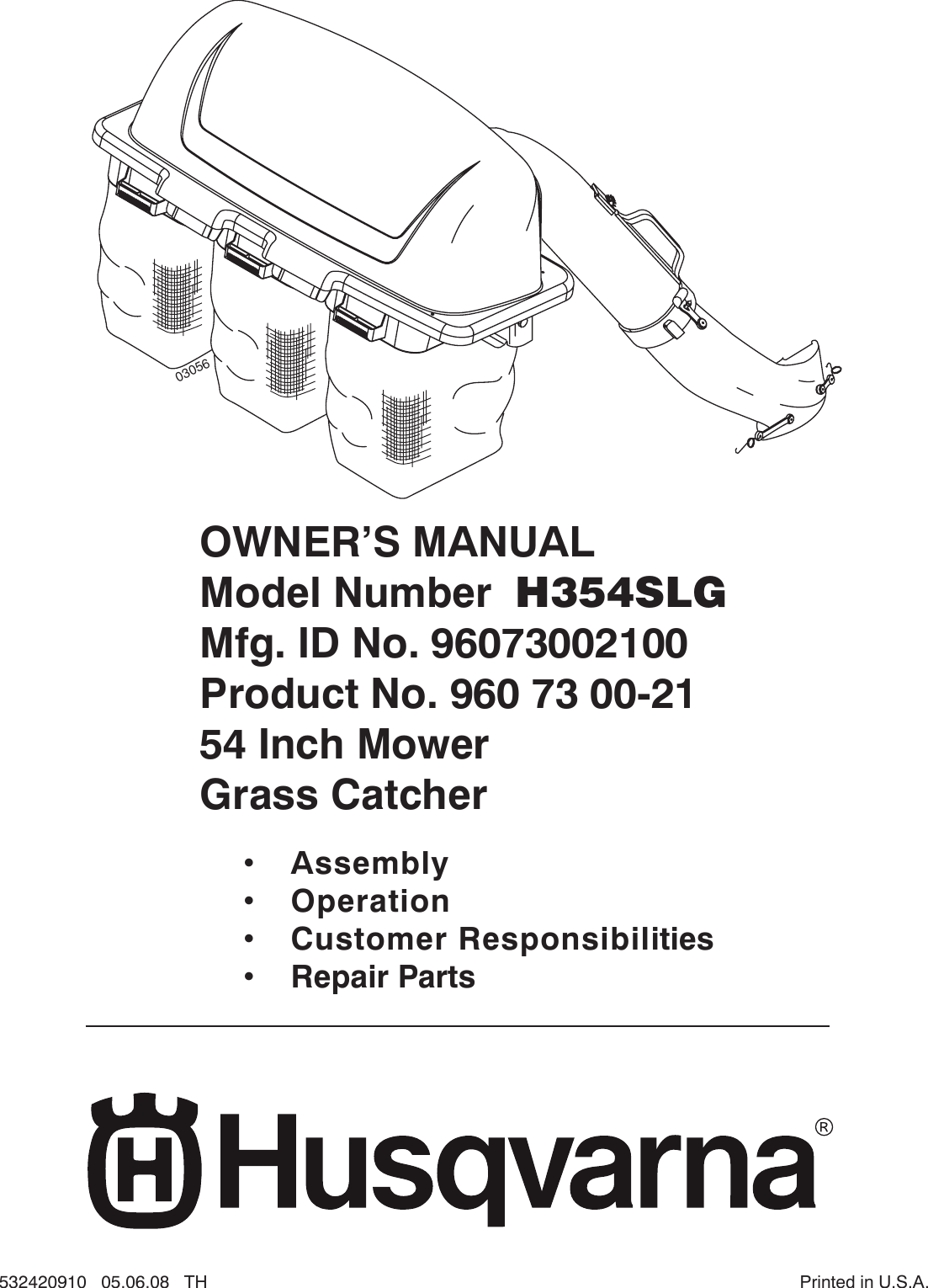 Page 1 of 10 - Husqvarna H354SLG OM, 354 SLG, Grass Catcher, 96073002100, 2008-10, Accessory, Ride Mower User Manual  To The E07120e5-0c47-47dd-87d5-4ce08ecde7c6