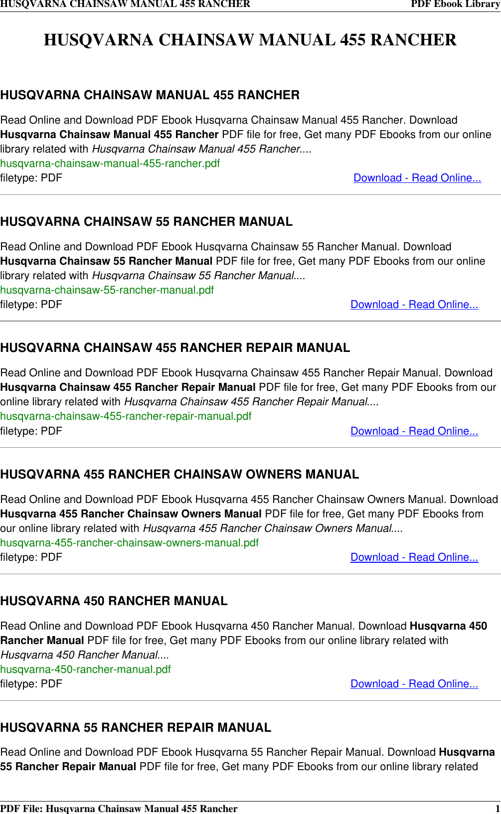 Page 1 of 4 - Husqvarna Husqvarna-Chainsaw-455-Rancher-Users-Manual- CHAINSAW MANUAL 455 RANCHER  Husqvarna-chainsaw-455-rancher-users-manual