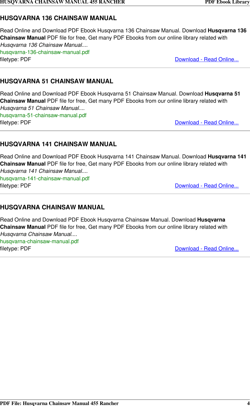 Page 4 of 4 - Husqvarna Husqvarna-Chainsaw-455-Rancher-Users-Manual- CHAINSAW MANUAL 455 RANCHER  Husqvarna-chainsaw-455-rancher-users-manual