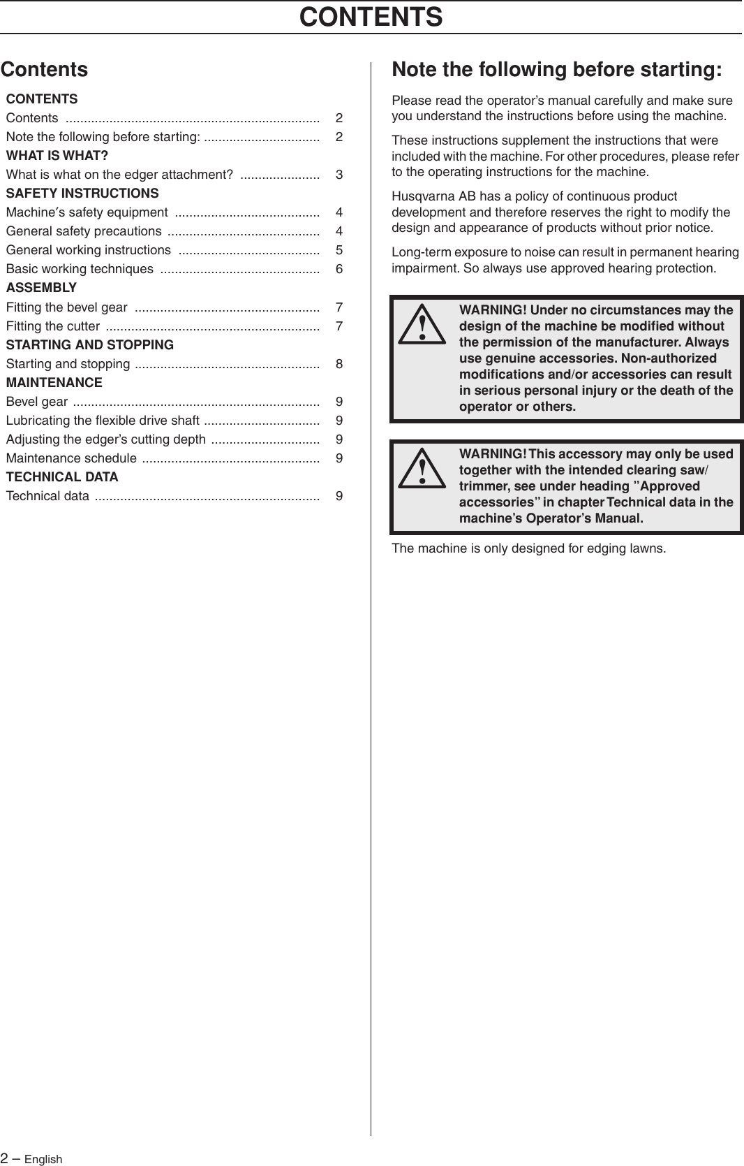 Page 2 of 11 - Husqvarna Husqvarna-Ea-850-Users-Manual- OM, Edger Attachment, EA850, 2006-10  Husqvarna-ea-850-users-manual
