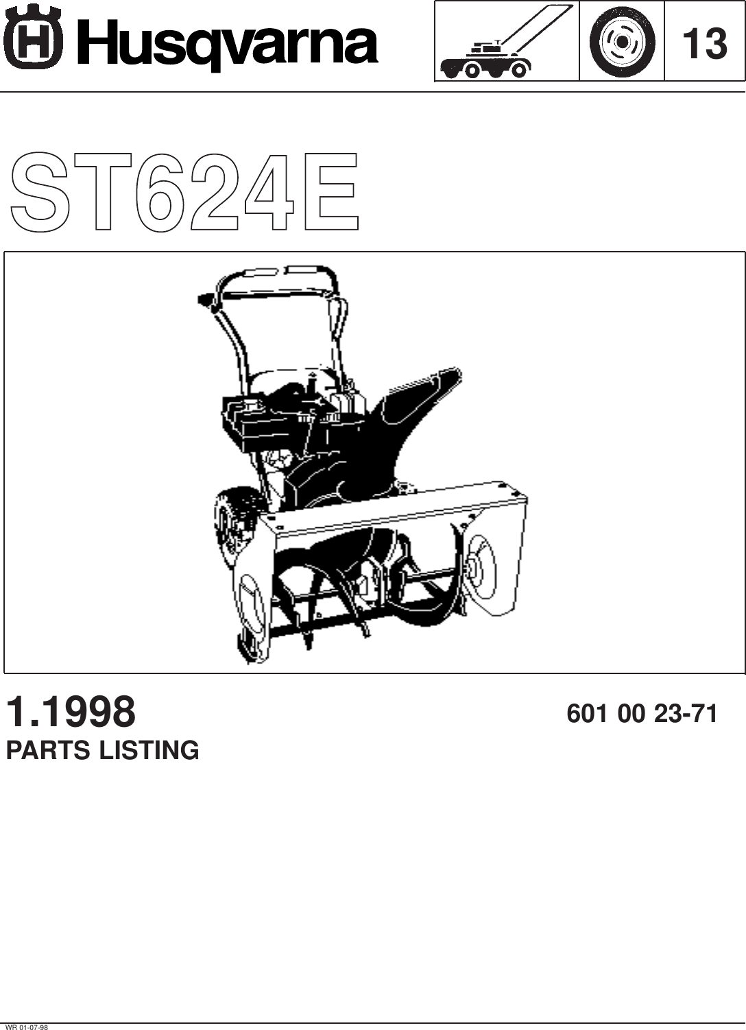 Husqvarna Engine 6Hp St624E Users Manual IPL, ST 624, 1998 01, Snow Thrower