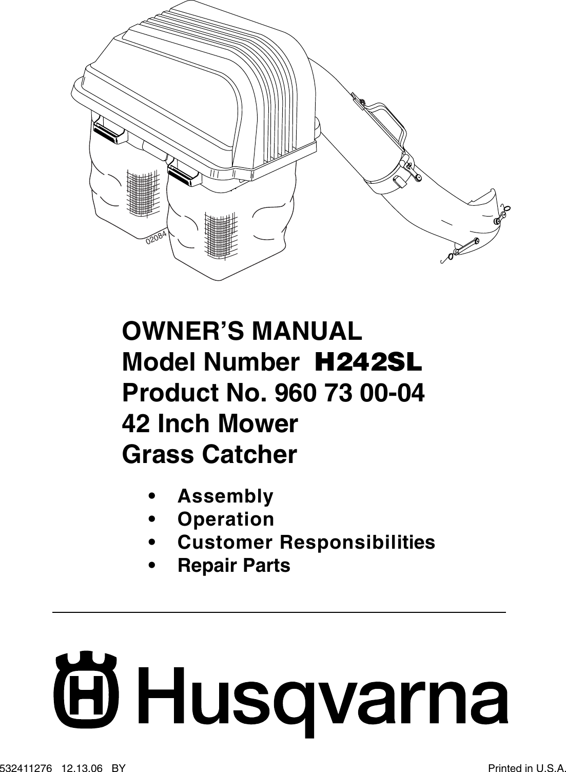 Page 1 of 10 - Husqvarna Husqvarna-H242Sl-Users-Manual- OM, H 242 SL Grass Catcher, 960730004, 2006-12, Accessory (Ride Mower)  Husqvarna-h242sl-users-manual