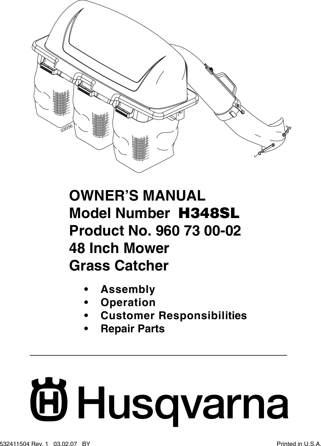 Page 1 of 10 - Husqvarna Husqvarna-H348Sl-Users-Manual- OM, H 348 SL Grass Catcher, 960730002, 2007-03, Accessory (Ride Mower)  Husqvarna-h348sl-users-manual