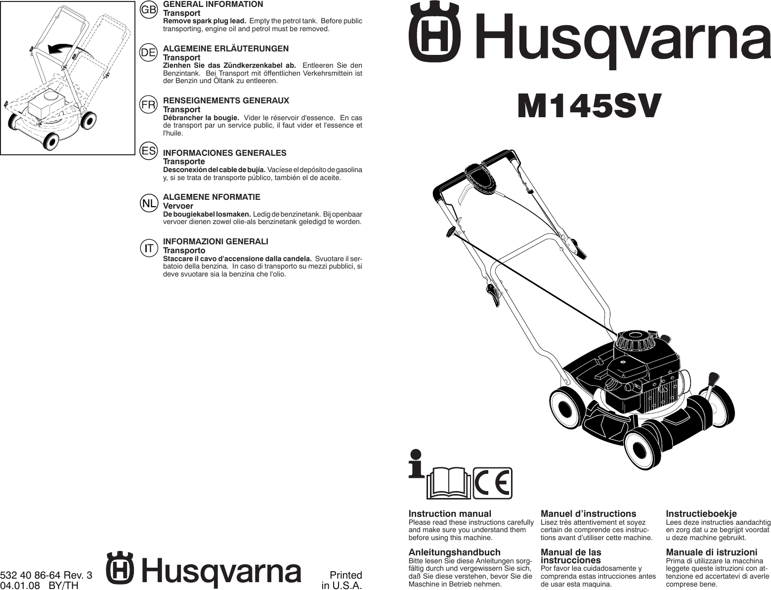 Husqvarna M 145Sv Users Manual OM, SV, 96141013201, 2008 04, FR, ES, IT, NL