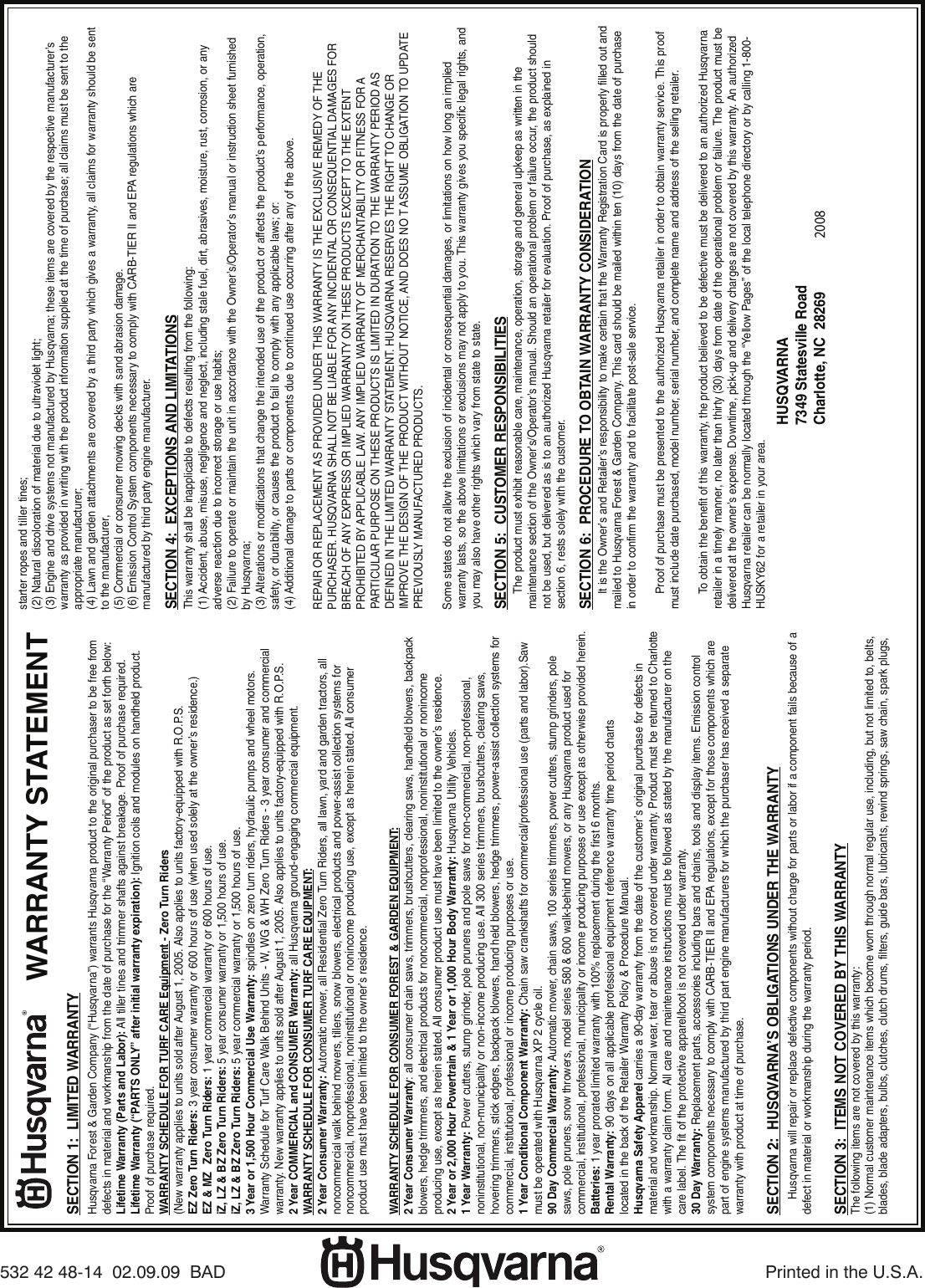 Husqvarna Warranty Chart