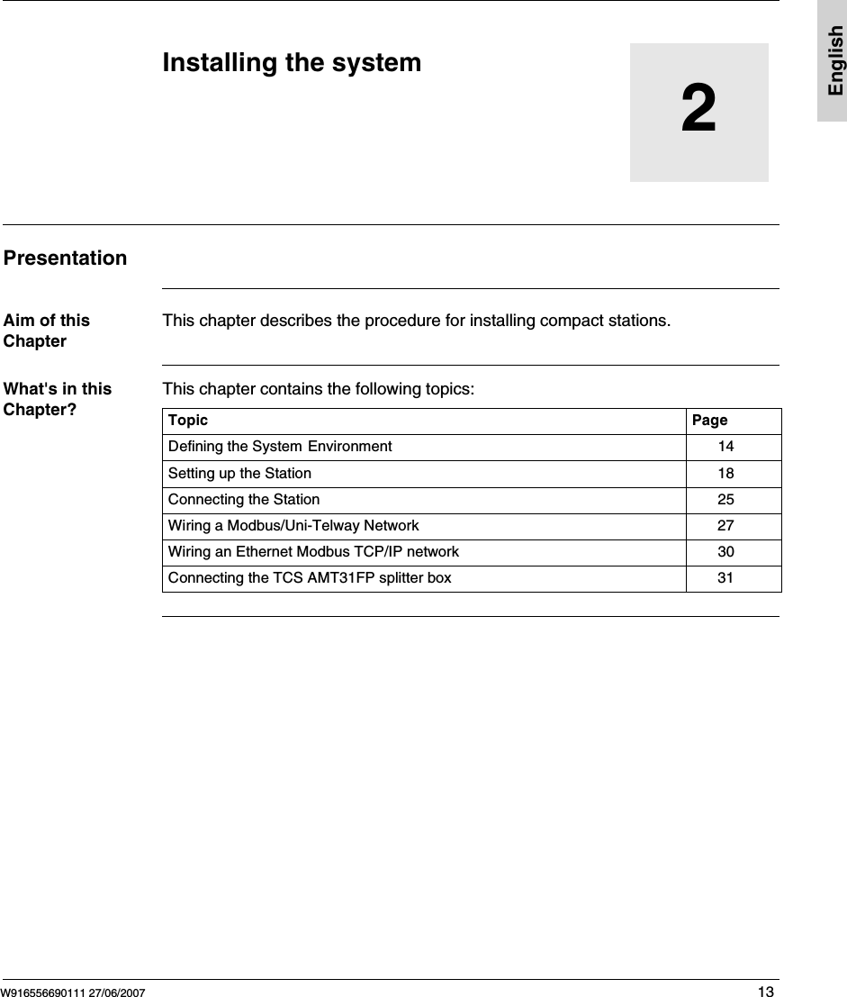 W916556690111 27/06/2007 13English2Installing the systemPresentationAim of this ChapterThis chapter describes the procedure for installing compact stations.What&apos;s in this Chapter?This chapter contains the following topics:Topic PageDefining the System Environment 14Setting up the Station 18Connecting the Station 25Wiring a Modbus/Uni-Telway Network 27Wiring an Ethernet Modbus TCP/IP network 30Connecting the TCS AMT31FP splitter box 31