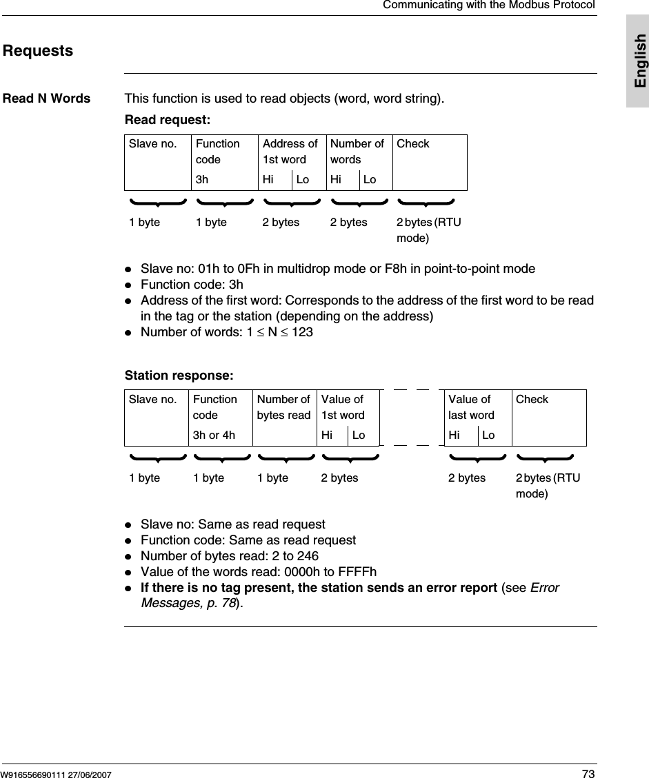 Communicating with the Modbus ProtocolW916556690111 27/06/2007 73EnglishRequestsRead N Words This function is used to read objects (word, word string).Read request:Slave no: 01h to 0Fh in multidrop mode or F8h in point-to-point modeFunction code: 3hAddress of the first word: Corresponds to the address of the first word to be read in the tag or the station (depending on the address)Number of words: 1 ≤ N ≤ 123  Station response:Slave no: Same as read requestFunction code: Same as read requestNumber of bytes read: 2 to 246Value of the words read: 0000h to FFFFhIf there is no tag present, the station sends an error report (see Error Messages, p. 78).Slave no. Function codeAddress of 1st wordNumber of wordsCheck3h Hi Lo Hi Lo               1 byte 1 byte 2 bytes 2 bytes 2 bytes (RTU mode)Slave no. Function codeNumber of bytes readValue of 1st wordValue of last wordCheck3h or 4h Hi Lo Hi Lo                  1 byte 1 byte 1 byte 2 bytes 2 bytes 2 bytes (RTU mode)