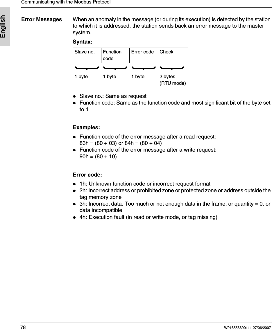 Communicating with the Modbus Protocol78 W916556690111 27/06/2007EnglishError Messages When an anomaly in the message (or during its execution) is detected by the station to which it is addressed, the station sends back an error message to the master system.Syntax:Slave no.: Same as requestFunction code: Same as the function code and most significant bit of the byte set to 1 Examples:Function code of the error message after a read request:83h = (80 + 03) or 84h = (80 + 04)Function code of the error message after a write request:90h = (80 + 10) Error code:1h: Unknown function code or incorrect request format2h: Incorrect address or prohibited zone or protected zone or address outside the tag memory zone3h: Incorrect data. Too much or not enough data in the frame, or quantity = 0, or data incompatible4h: Execution fault (in read or write mode, or tag missing)Slave no. Function codeError code Check           1 byte 1 byte 1 byte 2 bytes (RTU mode)