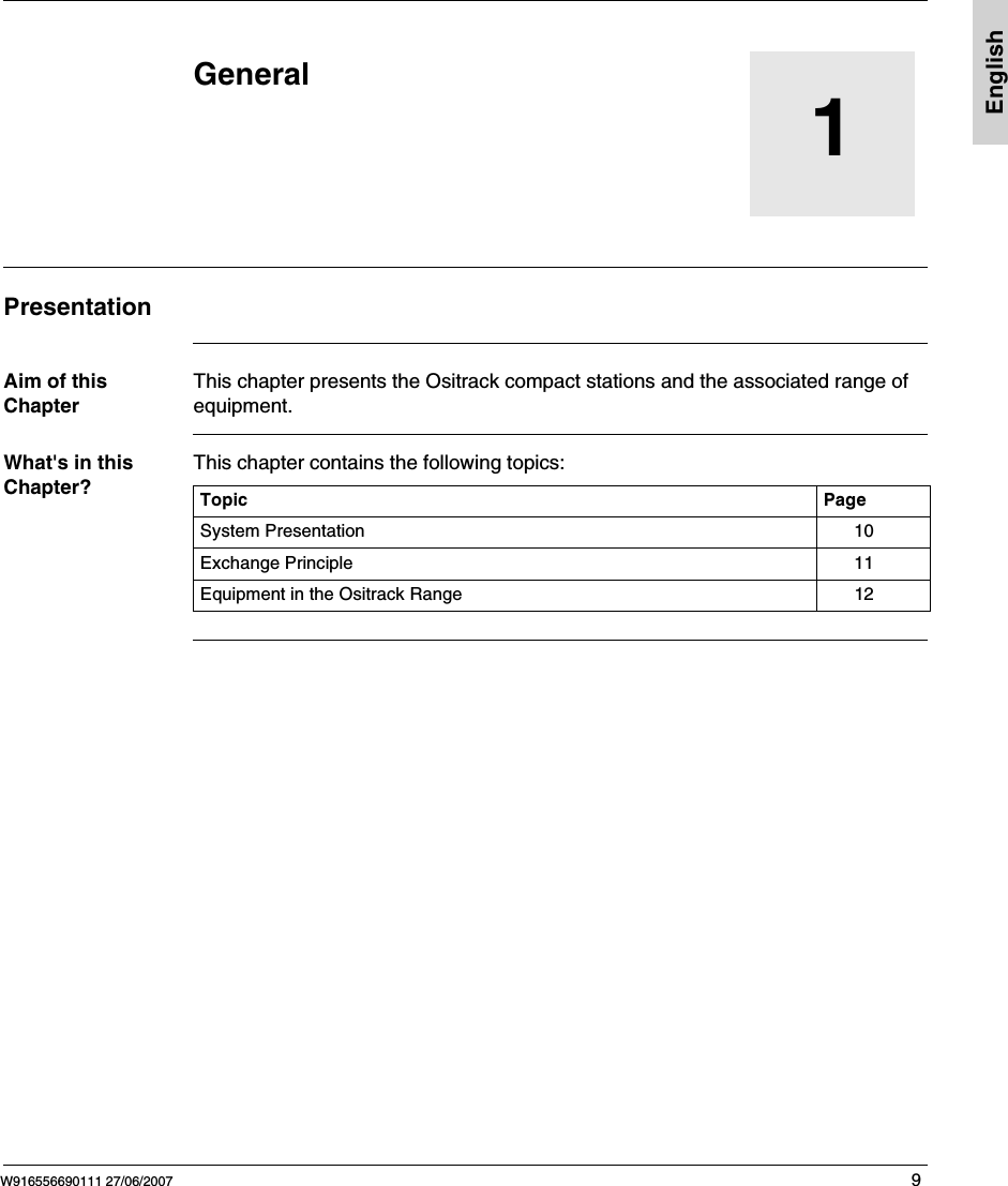 W916556690111 27/06/2007 9English1GeneralPresentationAim of this ChapterThis chapter presents the Ositrack compact stations and the associated range of equipment.What&apos;s in this Chapter?This chapter contains the following topics:Topic PageSystem Presentation 10Exchange Principle 11Equipment in the Ositrack Range 12