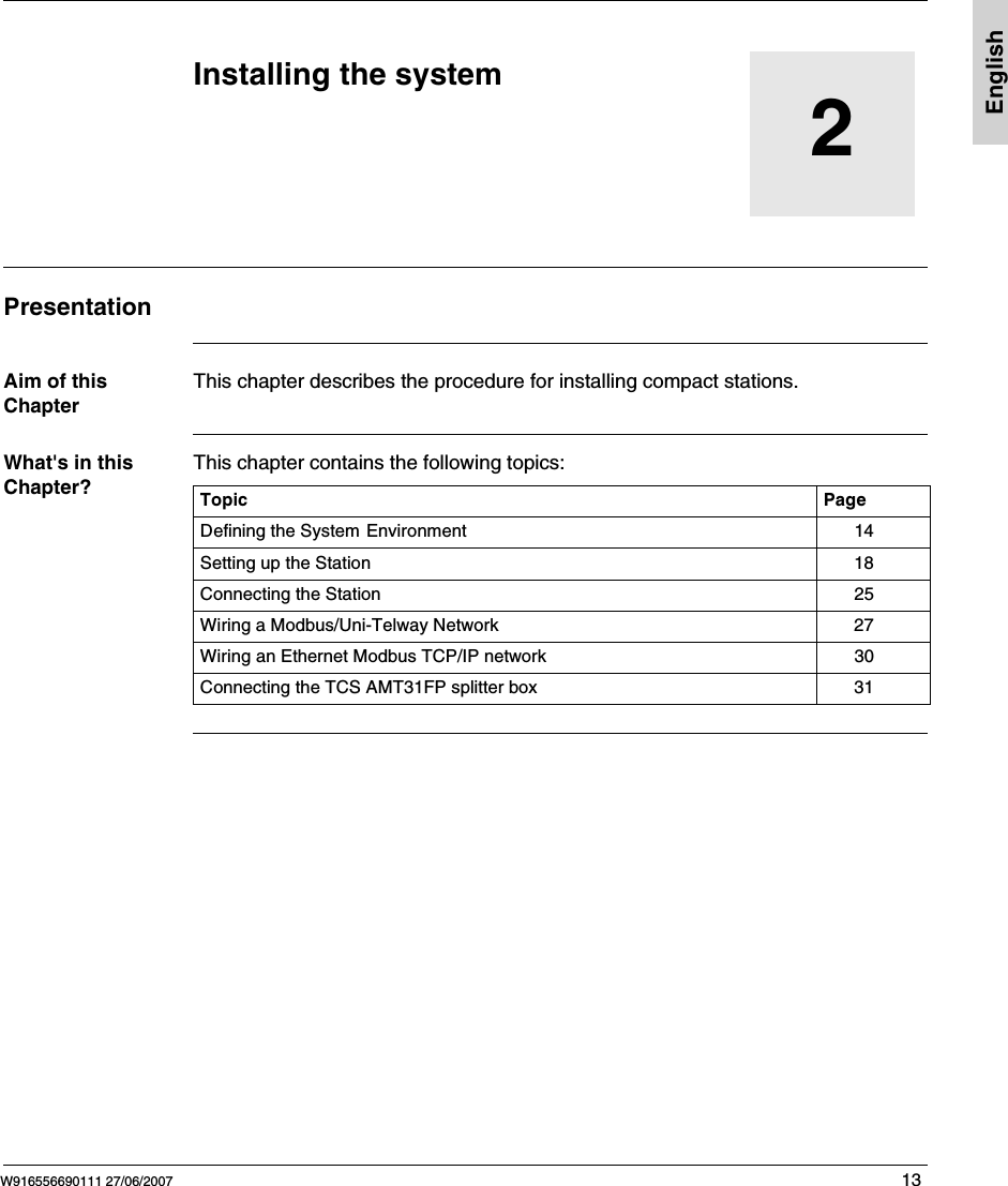 W916556690111 27/06/2007 13English2Installing the systemPresentationAim of this ChapterThis chapter describes the procedure for installing compact stations.What's in this Chapter?This chapter contains the following topics:Topic PageDefining the System Environment 14Setting up the Station 18Connecting the Station 25Wiring a Modbus/Uni-Telway Network 27Wiring an Ethernet Modbus TCP/IP network 30Connecting the TCS AMT31FP splitter box 31
