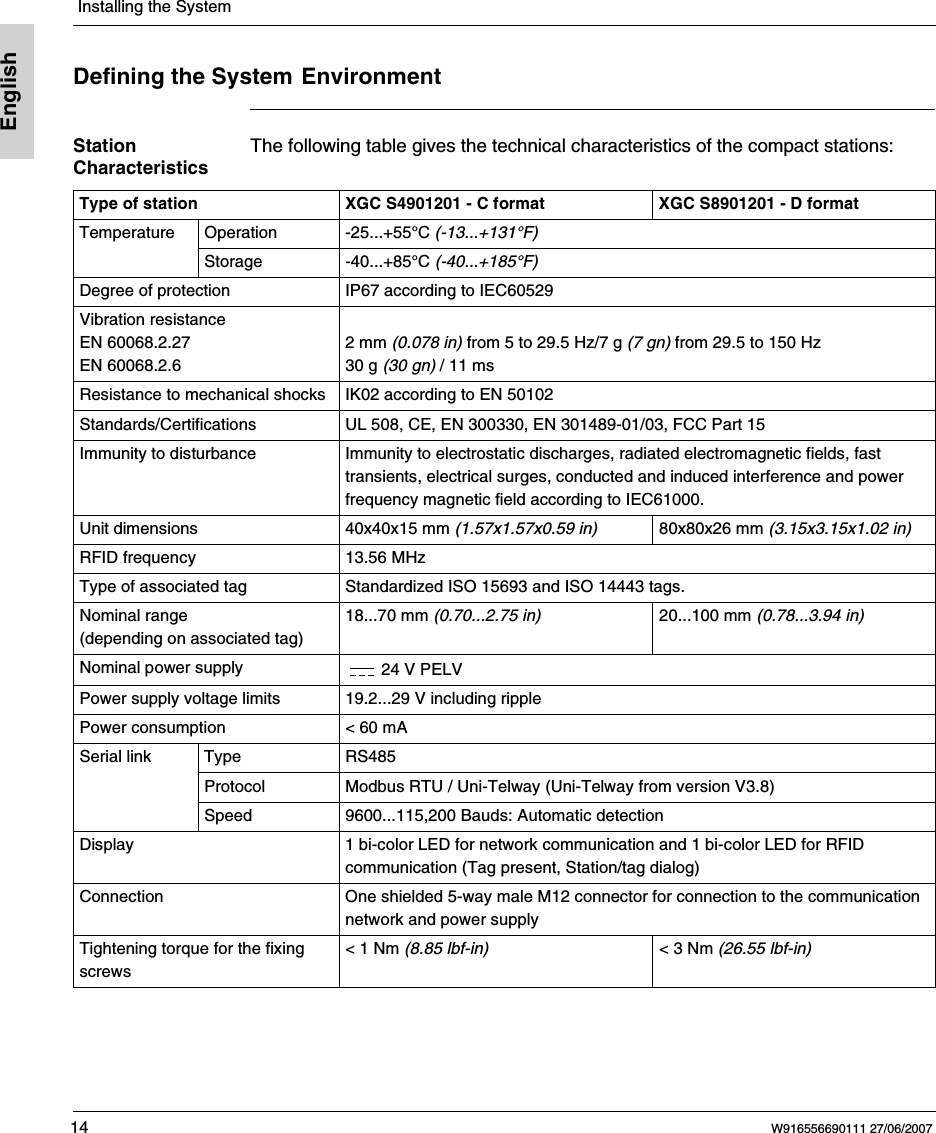  Installing the System14 W916556690111 27/06/2007EnglishDefining the System EnvironmentStation CharacteristicsThe following table gives the technical characteristics of the compact stations:Type of station XGC S4901201 - C format XGC S8901201 - D formatTemperature Operation -25...+55&deg;C (-13...+131&deg;F) Storage -40...+85&deg;C (-40...+185&deg;F)Degree of protection IP67 according to IEC60529Vibration resistanceEN 60068.2.27EN 60068.2.6 2 mm (0.078 in) from 5 to 29.5 Hz/7 g (7 gn) from 29.5 to 150 Hz30 g (30 gn) / 11 msResistance to mechanical shocks IK02 according to EN 50102Standards/Certifications UL 508, CE, EN 300330, EN 301489-01/03, FCC Part 15Immunity to disturbance Immunity to electrostatic discharges, radiated electromagnetic fields, fast transients, electrical surges, conducted and induced interference and power frequency magnetic field according to IEC61000.Unit dimensions 40x40x15 mm (1.57x1.57x0.59 in) 80x80x26 mm (3.15x3.15x1.02 in)RFID frequency 13.56 MHzType of associated tag Standardized ISO 15693 and ISO 14443 tags.Nominal range(depending on associated tag)18...70 mm (0.70...2.75 in) 20...100 mm (0.78...3.94 in)Nominal power supply 24 V PELVPower supply voltage limits 19.2...29 V including ripplePower consumption < 60 mASerial link Type RS485Protocol Modbus RTU / Uni-Telway (Uni-Telway from version V3.8)Speed 9600...115,200 Bauds: Automatic detectionDisplay 1 bi-color LED for network communication and 1 bi-color LED for RFID communication (Tag present, Station/tag dialog)Connection One shielded 5-way male M12 connector for connection to the communication network and power supplyTightening torque for the fixing screws< 1 Nm (8.85 lbf-in) < 3 Nm (26.55 lbf-in)