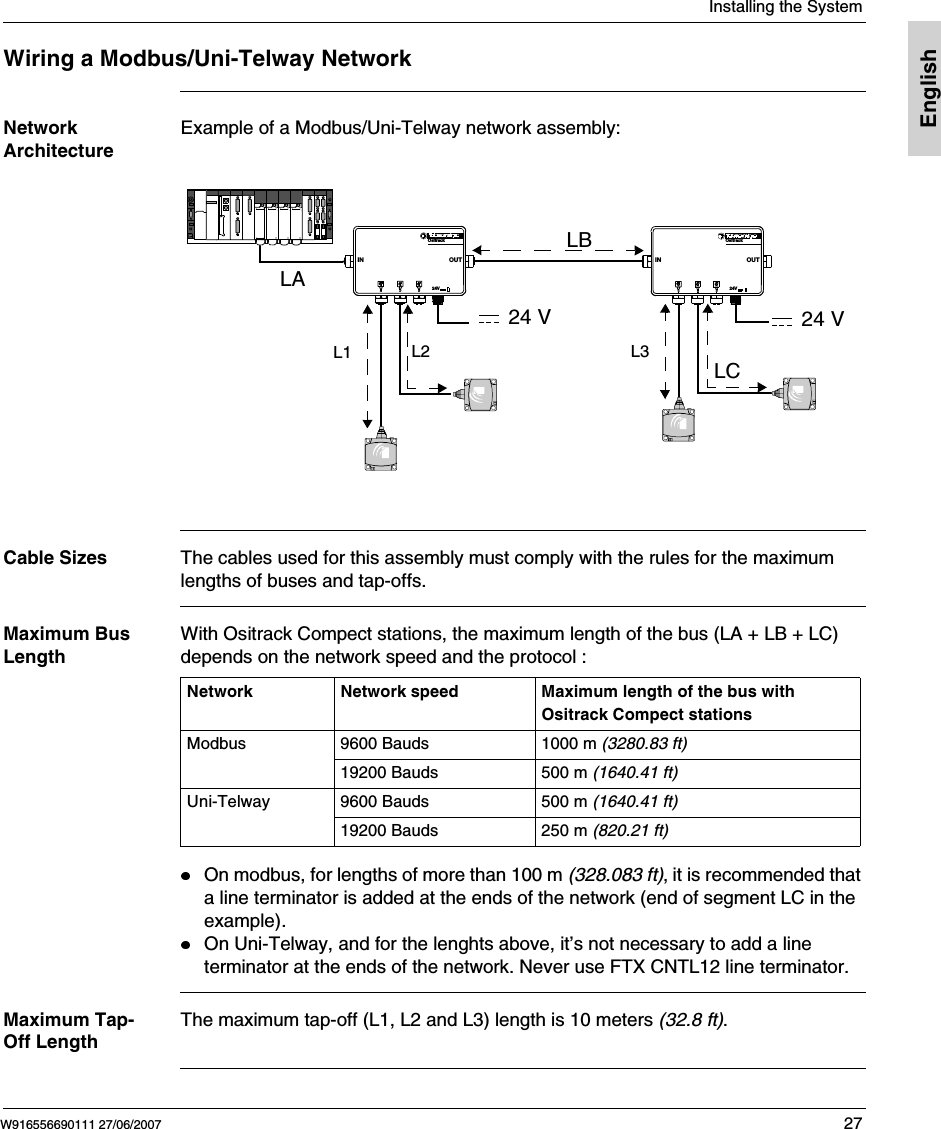  Installing the SystemW916556690111 27/06/2007 27EnglishWiring a Modbus/Uni-Telway NetworkNetwork ArchitectureExample of a Modbus/Uni-Telway network assembly: Cable Sizes The cables used for this assembly must comply with the rules for the maximum lengths of buses and tap-offs.Maximum Bus LengthWith Ositrack Compect stations, the maximum length of the bus (LA + LB + LC) depends on the network speed and the protocol :On modbus, for lengths of more than 100 m (328.083 ft), it is recommended that a line terminator is added at the ends of the network (end of segment LC in the example).On Uni-Telway, and for the lenghts above, it&rsquo;s not necessary to add a line terminator at the ends of the network. Never use FTX CNTL12 line terminator. Maximum Tap-Off LengthThe maximum tap-off (L1, L2 and L3) length is 10 meters (32.8 ft).LBL1 L2 L324 VOsitrack24VIN OUTOsitrac k24VIN OUTLA24 VLCNetwork Network speed Maximum length of the bus with Ositrack Compect stationsModbus 9600 Bauds 1000 m (3280.83 ft)19200 Bauds 500 m (1640.41 ft)Uni-Telway 9600 Bauds 500 m (1640.41 ft)19200 Bauds 250 m (820.21 ft)