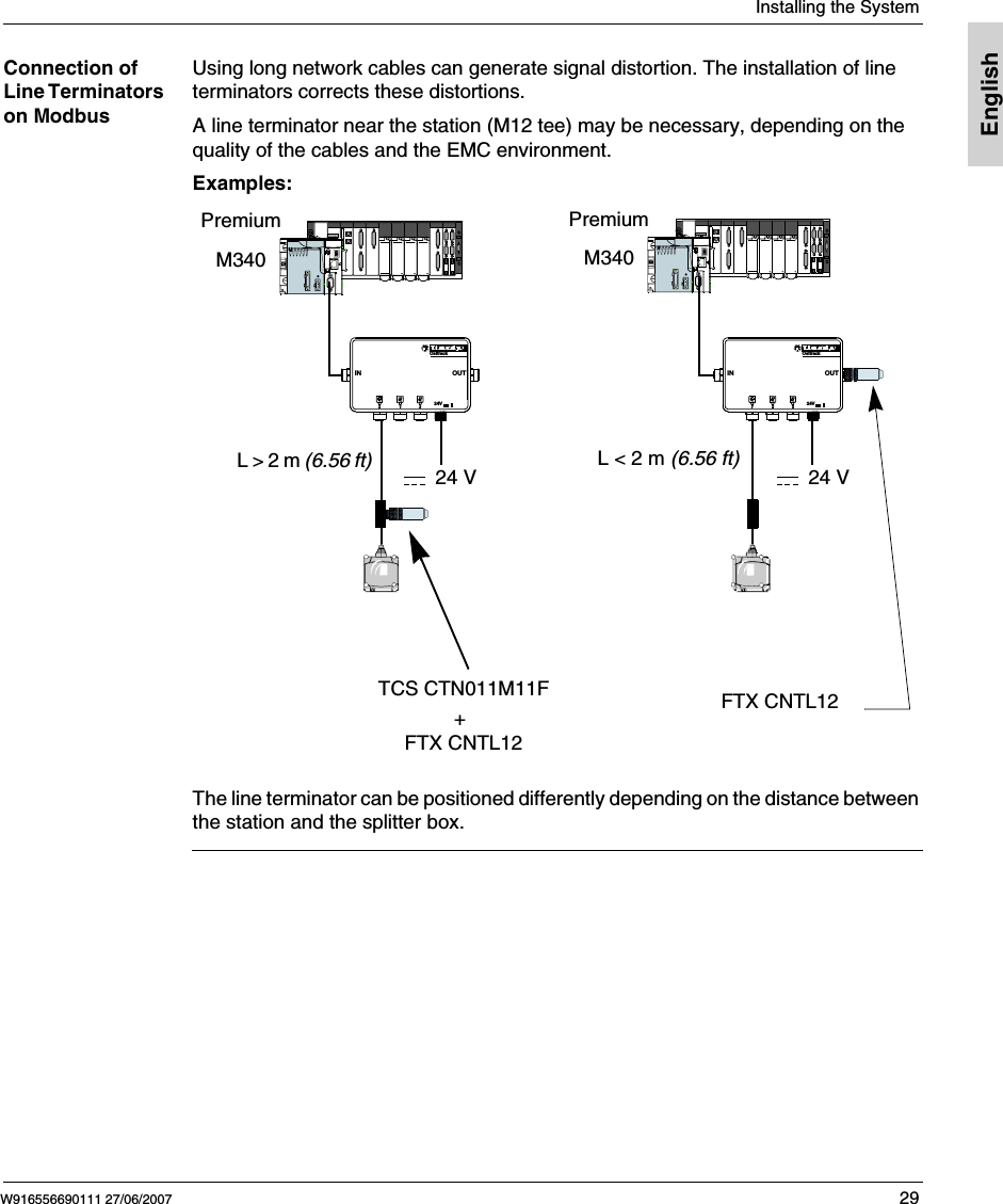  Installing the SystemW916556690111 27/06/2007 29EnglishConnection of Line Terminators on ModbusUsing long network cables can generate signal distortion. The installation of line terminators corrects these distortions.A line terminator near the station (M12 tee) may be necessary, depending on the quality of the cables and the EMC environment.Examples:  The line terminator can be positioned differently depending on the distance between the station and the splitter box.TCS CTN011M11F FTX CNTL12Ositr ack24VIN OUTOsitrack24VIN OUT+FTX CNTL12L > 2 m (6.56 ft) L < 2 m (6.56 ft)24 V 24 VPremiumM340PremiumM340