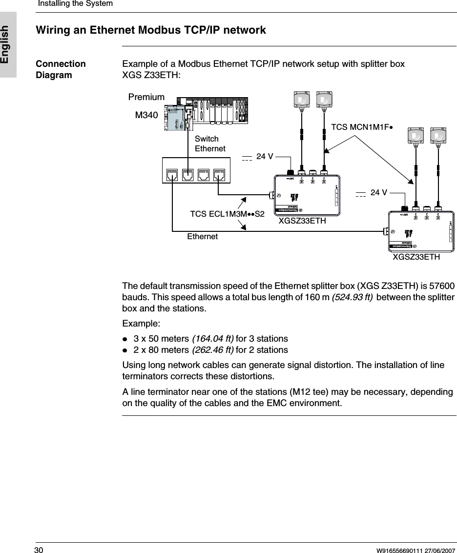  Installing the System30 W916556690111 27/06/2007EnglishWiring an Ethernet Modbus TCP/IP networkConnection DiagramExample of a Modbus Ethernet TCP/IP network setup with splitter box XGS Z33ETH: The default transmission speed of the Ethernet splitter box (XGS Z33ETH) is 57600 bauds. This speed allows a total bus length of 160 m (524.93 ft)  between the splitter box and the stations.Example:3 x 50 meters (164.04 ft) for 3 stations2 x 80 meters (262.46 ft) for 2 stationsUsing long network cables can generate signal distortion. The installation of line terminators corrects these distortions.A line terminator near one of the stations (M12 tee) may be necessary, depending on the quality of the cables and the EMC environment.SwitchEthernetTCS MCN1M1F&bull;XGSZ33ETHTCS ECL1M3M&bull;&bull;S2Ethernet24 VPremiumM34024VOsitrackPIscitsongaiD sutatSytivitca .htE01/ spbM 001rewoP   XGSZ33ETH24 V24VOsitrackPIscitsongaiD sutatSytivitca .htE01/ spbM 001rewoP   