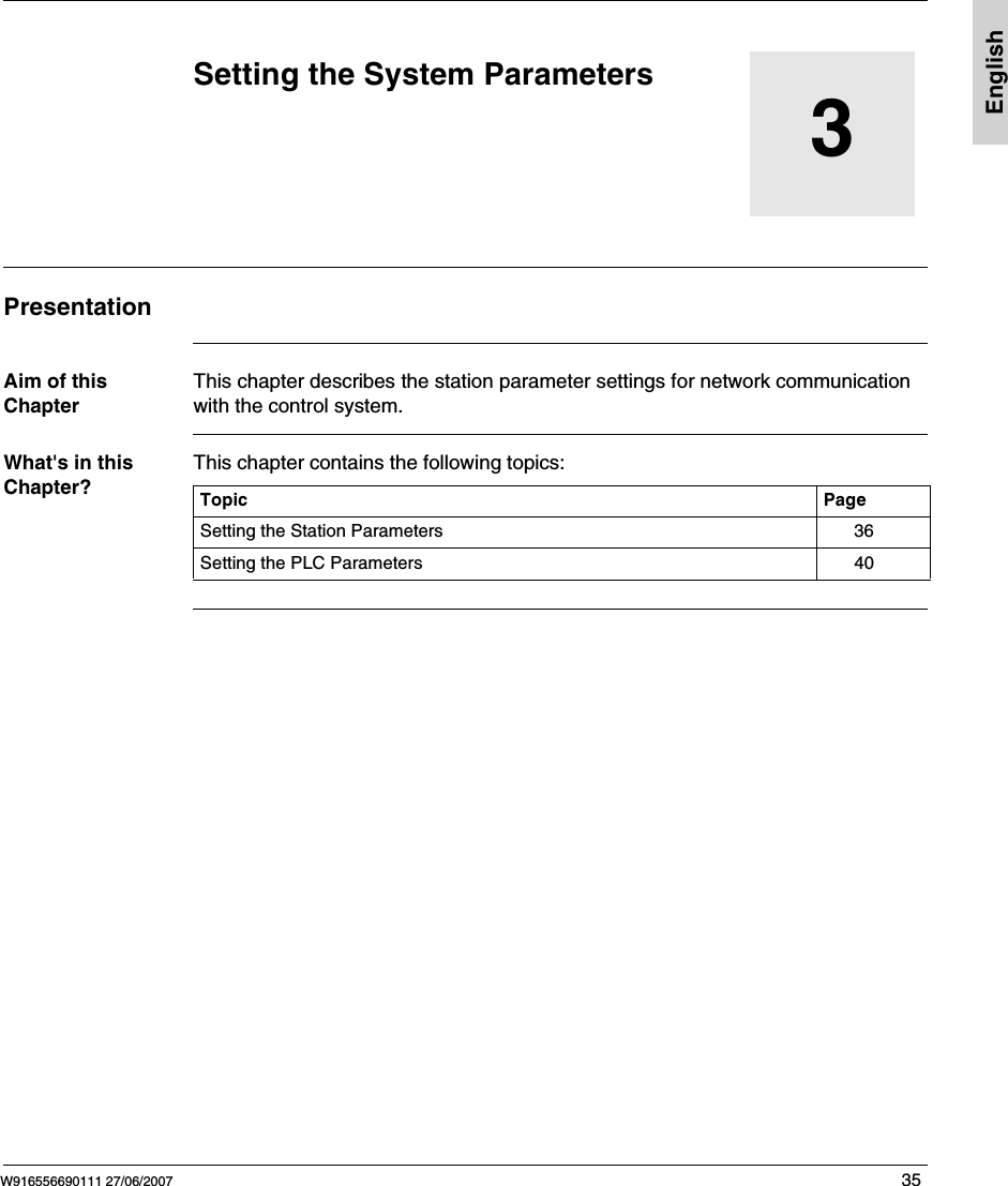 W916556690111 27/06/2007 35English3Setting the System ParametersPresentationAim of this ChapterThis chapter describes the station parameter settings for network communication with the control system.What's in this Chapter?This chapter contains the following topics:Topic PageSetting the Station Parameters 36Setting the PLC Parameters 40