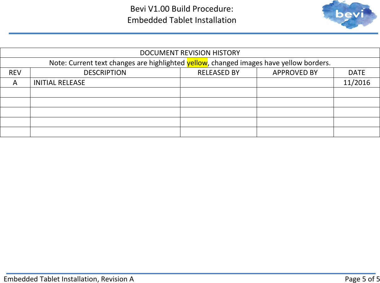     Bevi V1.00 Build Procedure:   Embedded Tablet Installation   Embedded Tablet Installation, Revision A Page 5 of 5  DOCUMENT REVISION HISTORY Note: Current text changes are highlighted yellow, changed images have yellow borders. REV DESCRIPTION RELEASED BY APPROVED BY DATE A INITIAL RELEASE   11/2016                           