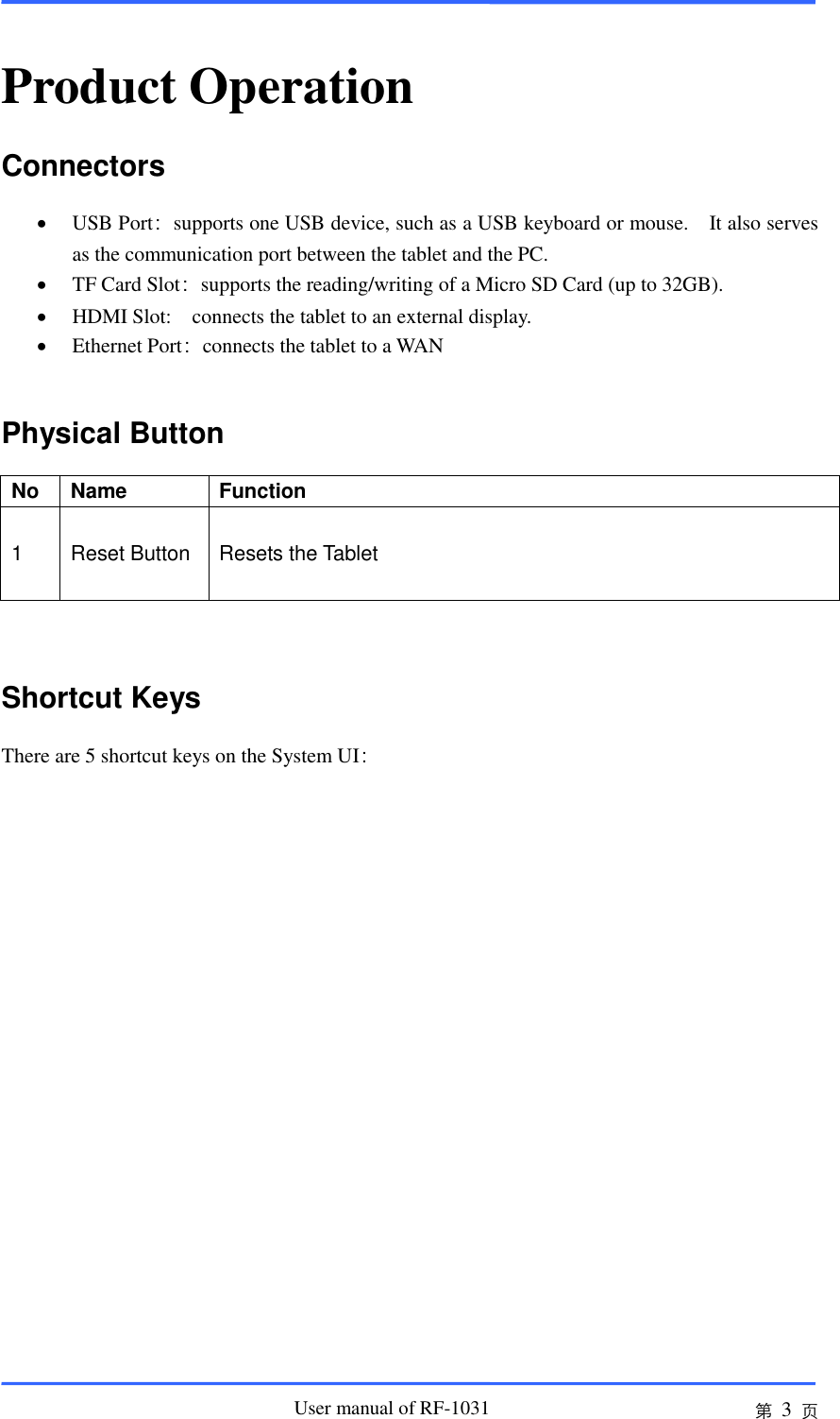                       User manual of RF-1031 第 3 页  Product Operation Connectors  USB Port：supports one USB device, such as a USB keyboard or mouse.    It also serves as the communication port between the tablet and the PC.    TF Card Slot：supports the reading/writing of a Micro SD Card (up to 32GB).    HDMI Slot:    connects the tablet to an external display.  Ethernet Port：connects the tablet to a WAN  Physical Button No Name Function 1 Reset Button  Resets the Tablet             Shortcut Keys There are 5 shortcut keys on the System UI：  