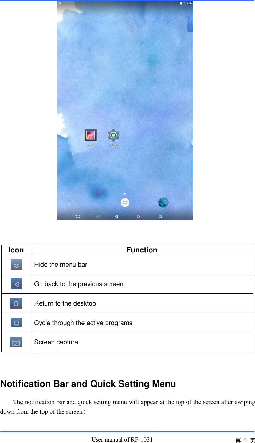                      User manual of RF-1031 第 4 页        Notification Bar and Quick Setting Menu The notification bar and quick setting menu will appear at the top of the screen after swiping down from the top of the screen： Icon Function    Hide the menu bar  Go back to the previous screen  Return to the desktop  Cycle through the active programs  Screen capture 
