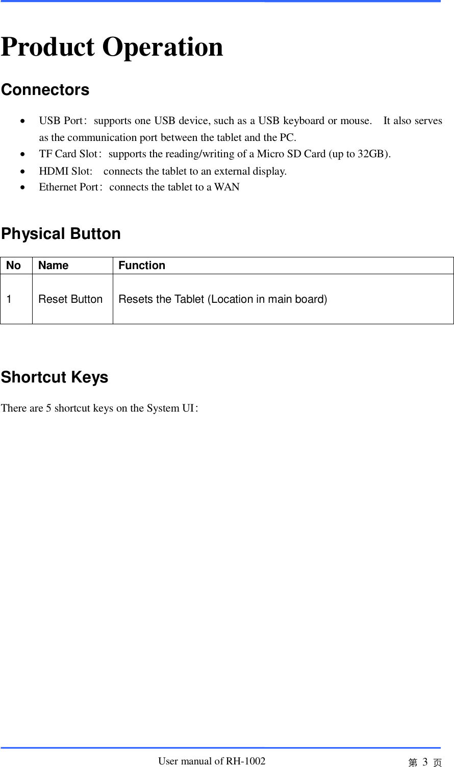                       User manual of RH-1002 第 3 页  Product Operation Connectors  USB Port：supports one USB device, such as a USB keyboard or mouse.    It also serves as the communication port between the tablet and the PC.    TF Card Slot：supports the reading/writing of a Micro SD Card (up to 32GB).    HDMI Slot:    connects the tablet to an external display.  Ethernet Port：connects the tablet to a WAN  Physical Button No Name Function 1 Reset Button  Resets the Tablet (Location in main board)             Shortcut Keys There are 5 shortcut keys on the System UI：  