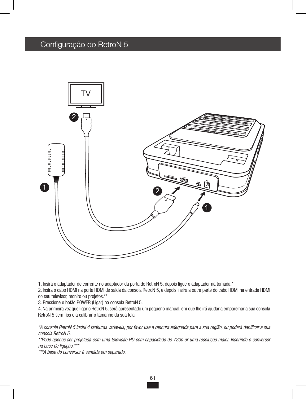 61Conﬁguração do RetroN 51. Insira o adaptador de corrente no adaptador da porta do RetroN 5, depois ligue o adaptador na tomada.*2. Insira o cabo HDMI na porta HDMI de saída da consola RetroN 5, e depois insira a outra parte do cabo HDMI na entrada HDMI do seu televisor, moniro ou projetos.**3. Pressione o botão POWER (Ligar) na consola RetroN 5.4. Na primeira vez que ligar o RetroN 5, será apresentado um pequeno manual, em que lhe irá ajudar a emparelhar a sua consola RetroN 5 sem os e a calibrar o tamanho da sua tela.*A consola RetroN 5 inclui 4 ranhuras variaveis; por favor use a ranhura adequada para a sua região, ou poderá danicar a sua consola RetroN 5.**Pode apenas ser projetada com uma televisão HD com capacidade de 720p or uma resoluçao maior. Inserindo o conversor na base de ligação.******A base do conversor é vendida em separado.1122TV