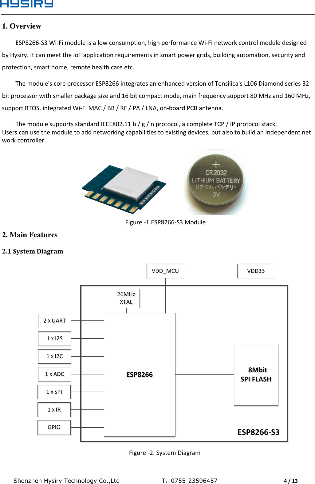  Shenzhen Hysiry Technology Co.,Ltd                                T：0755-23596457                                4 / 13  1. Overview ESP8266-S3 Wi-Fi module is a low consumption, high performance Wi-Fi network control module designed by Hysiry. It can meet the IoT application requirements in smart power grids, building automation, security and protection, smart home, remote health care etc.  The module&apos;s core processor ESP8266 integrates an enhanced version of Tensilica&apos;s L106 Diamond series 32-bit processor with smaller package size and 16 bit compact mode, main frequency support 80 MHz and 160 MHz, support RTOS, integrated Wi-Fi MAC / BB / RF / PA / LNA, on-board PCB antenna.  The module supports standard IEEE802.11 b / g / n protocol, a complete TCP / IP protocol stack. Users can use the module to add networking capabilities to existing devices, but also to build an independent network controller.             Figure -1.ESP8266-S3 Module 2. Main Features 2.1 System Diagram ESP8266ESP8266   8Mbit     SPI FLASH  8Mbit     SPI FLASH26MHz XTAL26MHz XTALVDD_MCUVDD_MCU VDD33VDD33ESP8266-S32 Χ UART2 Χ UART1 Χ I2S1 Χ I2S1 Χ ADC1 Χ ADC1 Χ SPI1 Χ SPIGPIOGPIO1 Χ I2C1 Χ I2C1 Χ IR1 Χ IR Figure -2. System Diagram 