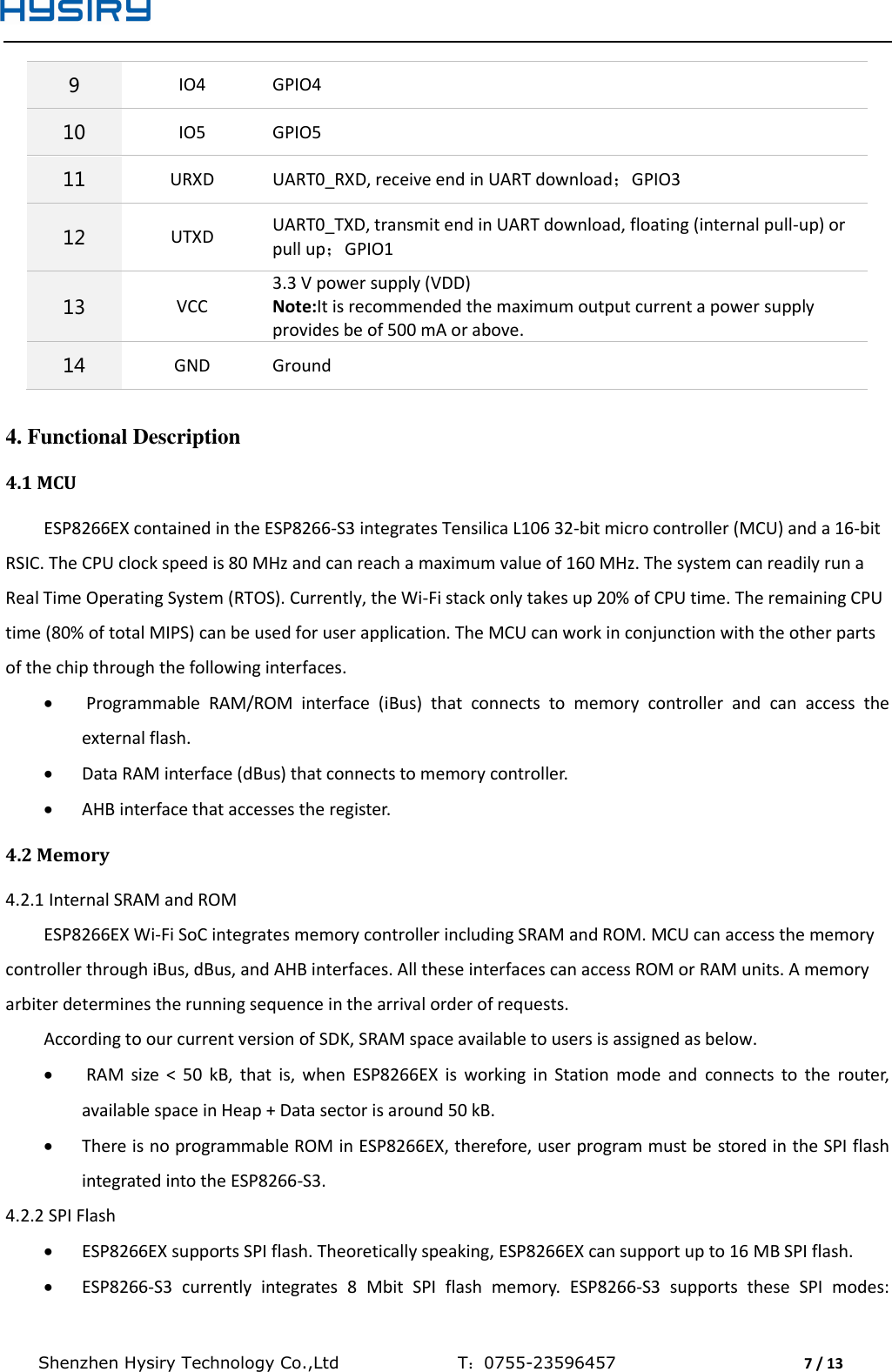  Shenzhen Hysiry Technology Co.,Ltd                                T：0755-23596457                                7 / 13  9 IO4 GPIO4 10 IO5 GPIO5 11 URXD UART0_RXD, receive end in UART download；GPIO3 12 UTXD UART0_TXD, transmit end in UART download, floating (internal pull-up) or pull up；GPIO1 13 VCC 3.3 V power supply (VDD) Note:It is recommended the maximum output current a power supply provides be of 500 mA or above. 14 GND Ground  4. Functional Description 4.1 MCU ESP8266EX contained in the ESP8266-S3 integrates Tensilica L106 32-bit micro controller (MCU) and a 16-bit RSIC. The CPU clock speed is 80 MHz and can reach a maximum value of 160 MHz. The system can readily run a Real Time Operating System (RTOS). Currently, the Wi-Fi stack only takes up 20% of CPU time. The remaining CPU time (80% of total MIPS) can be used for user application. The MCU can work in conjunction with the other parts of the chip through the following interfaces.   Programmable  RAM/ROM  interface  (iBus)  that  connects  to  memory  controller  and  can  access  the external flash.  Data RAM interface (dBus) that connects to memory controller.  AHB interface that accesses the register. 4.2 Memory 4.2.1 Internal SRAM and ROM ESP8266EX Wi-Fi SoC integrates memory controller including SRAM and ROM. MCU can access the memory controller through iBus, dBus, and AHB interfaces. All these interfaces can access ROM or RAM units. A memory arbiter determines the running sequence in the arrival order of requests. According to our current version of SDK, SRAM space available to users is assigned as below.   RAM  size  &lt;  50  kB,  that  is,  when  ESP8266EX  is  working  in  Station  mode  and  connects  to  the  router, available space in Heap + Data sector is around 50 kB.  There is no programmable ROM in ESP8266EX, therefore, user program must be stored in the SPI flash integrated into the ESP8266-S3. 4.2.2 SPI Flash  ESP8266EX supports SPI flash. Theoretically speaking, ESP8266EX can support up to 16 MB SPI flash.  ESP8266-S3  currently  integrates  8  Mbit  SPI  flash  memory.  ESP8266-S3  supports  these  SPI  modes: 