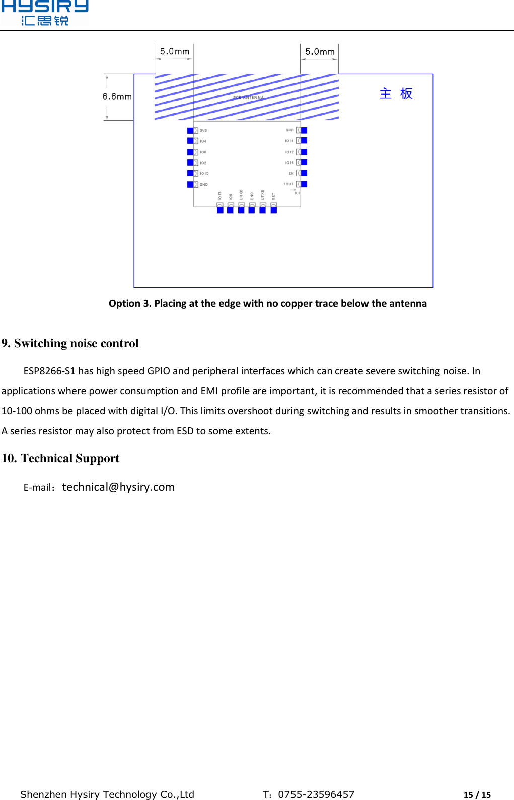  Shenzhen Hysiry Technology Co.,Ltd                                T：0755-23596457                                15 / 15   Option 3. Placing at the edge with no copper trace below the antenna  9. Switching noise control ESP8266-S1 has high speed GPIO and peripheral interfaces which can create severe switching noise. In applications where power consumption and EMI profile are important, it is recommended that a series resistor of 10-100 ohms be placed with digital I/O. This limits overshoot during switching and results in smoother transitions. A series resistor may also protect from ESD to some extents. 10. Technical Support E-mail：technical@hysiry.com  