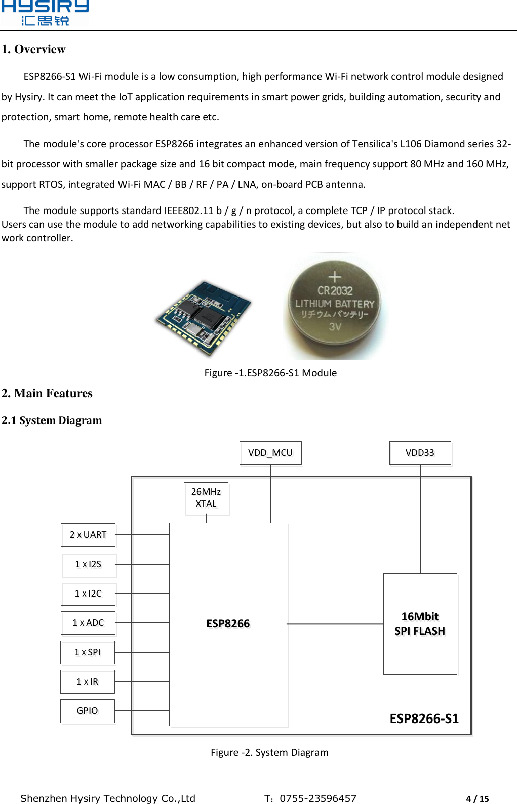  Shenzhen Hysiry Technology Co.,Ltd                                T：0755-23596457                                4 / 15  1. Overview ESP8266-S1 Wi-Fi module is a low consumption, high performance Wi-Fi network control module designed by Hysiry. It can meet the IoT application requirements in smart power grids, building automation, security and protection, smart home, remote health care etc.  The module&apos;s core processor ESP8266 integrates an enhanced version of Tensilica&apos;s L106 Diamond series 32-bit processor with smaller package size and 16 bit compact mode, main frequency support 80 MHz and 160 MHz, support RTOS, integrated Wi-Fi MAC / BB / RF / PA / LNA, on-board PCB antenna.  The module supports standard IEEE802.11 b / g / n protocol, a complete TCP / IP protocol stack. Users can use the module to add networking capabilities to existing devices, but also to build an independent network controller.             Figure -1.ESP8266-S1 Module 2. Main Features 2.1 System Diagram ESP8266ESP8266 16Mbit     SPI FLASH16Mbit     SPI FLASH26MHz XTAL26MHz XTALVDD_MCUVDD_MCU VDD33VDD33ESP8266-S12 Χ UART2 Χ UART1 Χ I2S1 Χ I2S1 Χ ADC1 Χ ADC1 Χ SPI1 Χ SPIGPIOGPIO1 Χ I2C1 Χ I2C1 Χ IR1 Χ IR Figure -2. System Diagram 