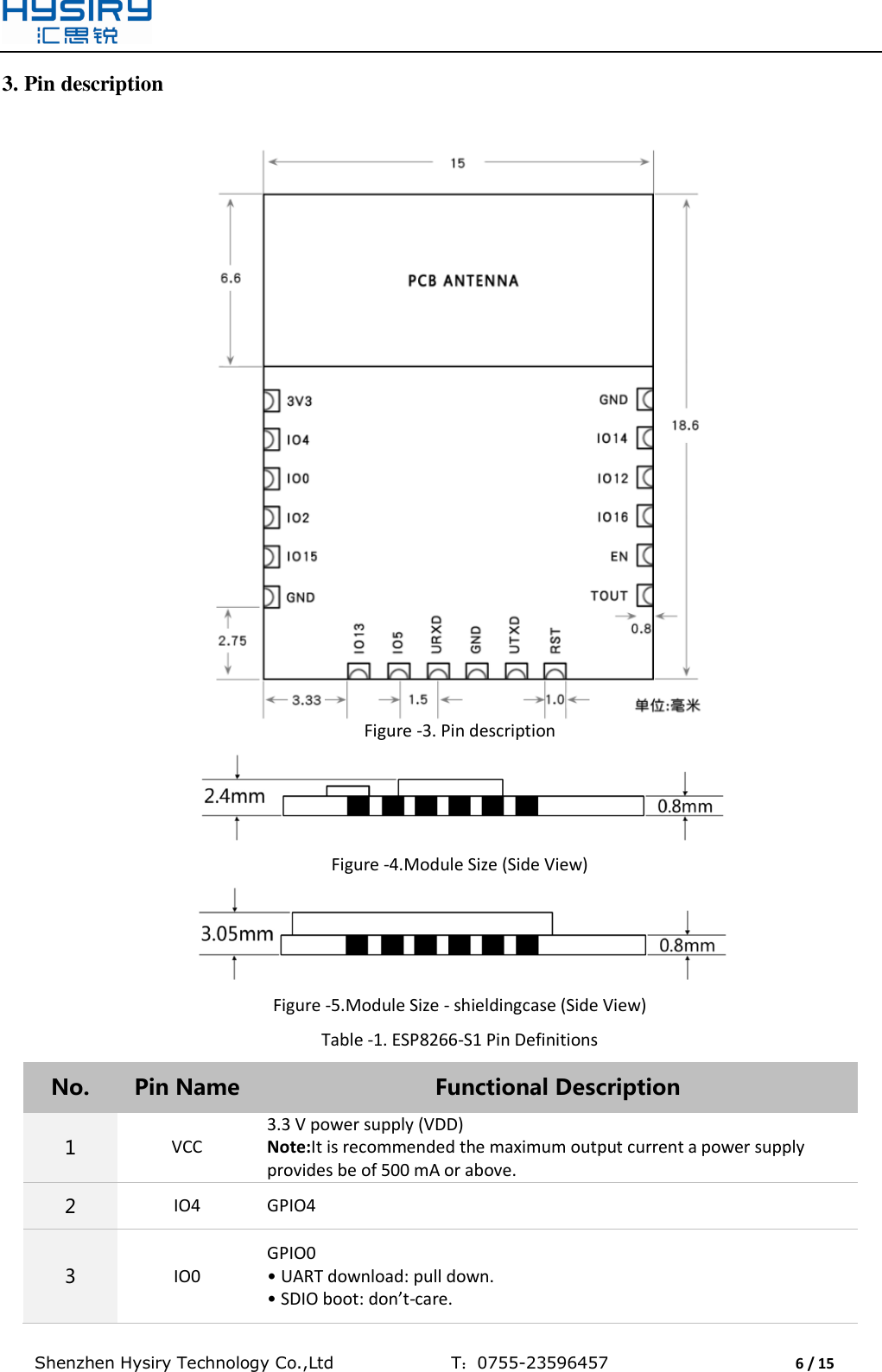  Shenzhen Hysiry Technology Co.,Ltd                                T：0755-23596457                                6 / 15  3. Pin description    Figure -3. Pin description  Figure -4.Module Size (Side View)   Figure -5.Module Size - shieldingcase (Side View)  Table -1. ESP8266-S1 Pin Definitions No. Pin Name Functional Description 1 VCC 3.3 V power supply (VDD) Note:It is recommended the maximum output current a power supply provides be of 500 mA or above. 2 IO4 GPIO4 3 IO0 GPIO0 • UART download: pull down. • SDIO boot: don’t-care. 