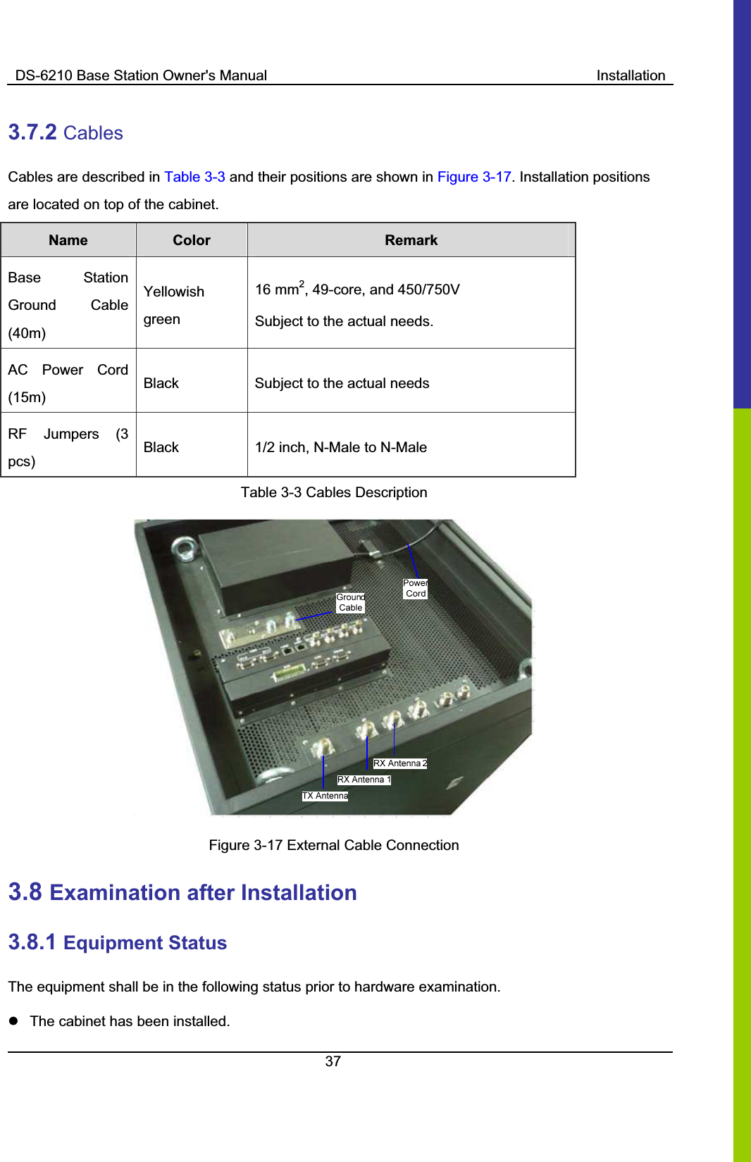 DS-6210 Base Station Owner&apos;s Manual  Installation373.7.2 CablesCables are described in Table 3-3 and their positions are shown in Figure 3-17. Installation positions are located on top of the cabinet. Name    Color Remark   Base  Station Ground  Cable (40m)Yellowishgreen 16 mm2, 49-core, and 450/750V Subject to the actual needs.   AC  Power  Cord (15m)Black  Subject to the actual needs RF  Jumpers  (3 pcs)Black  1/2 inch, N-Male to N-Male Table 3-3 Cables Description   Figure 3-17 External Cable Connection   3.8 Examination after Installation 3.8.1 Equipment Status The equipment shall be in the following status prior to hardware examination.   z  The cabinet has been installed.   